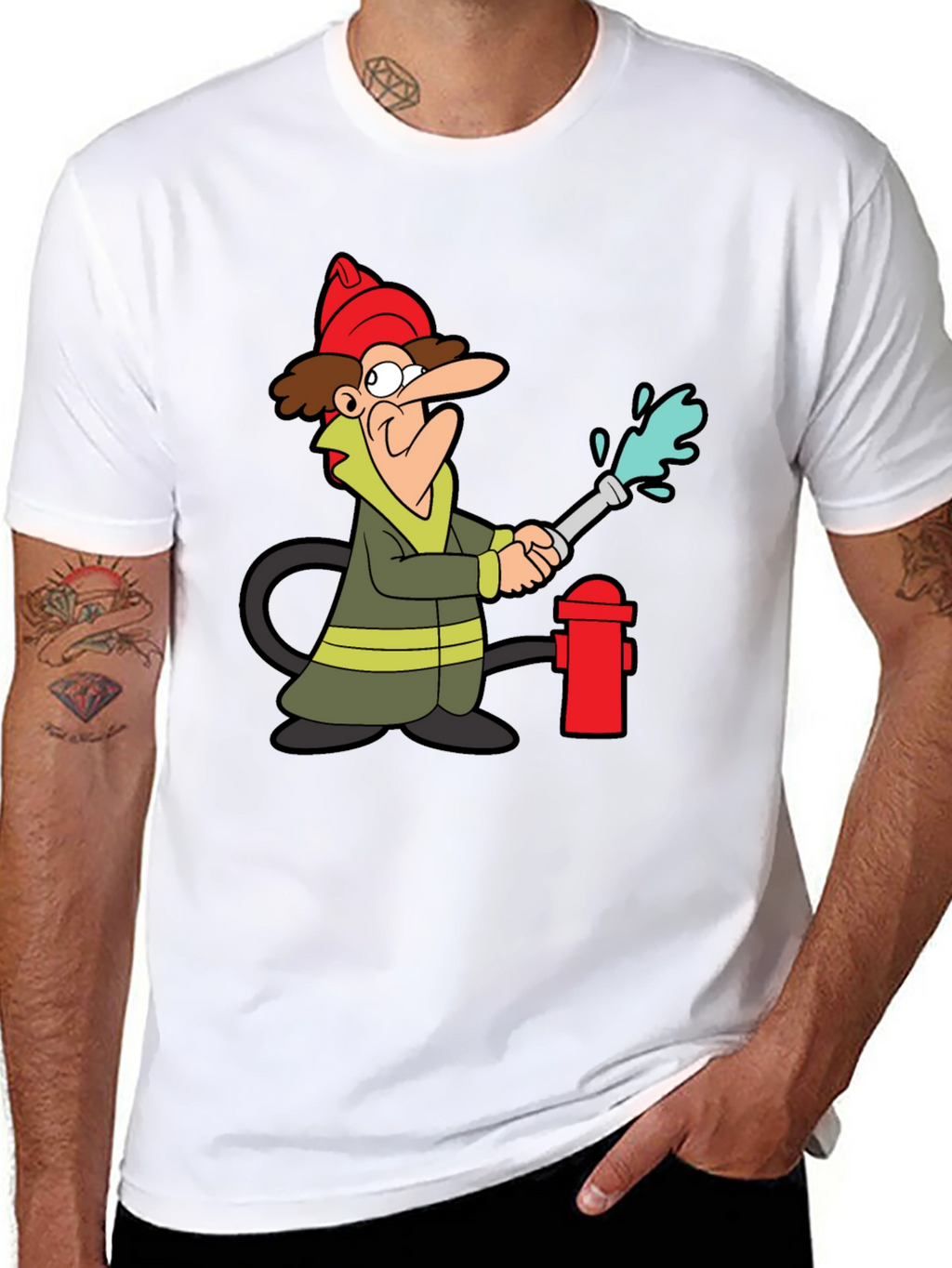 Cartoon Firefighter Graphic Tee - Black Cotton T-Shirt