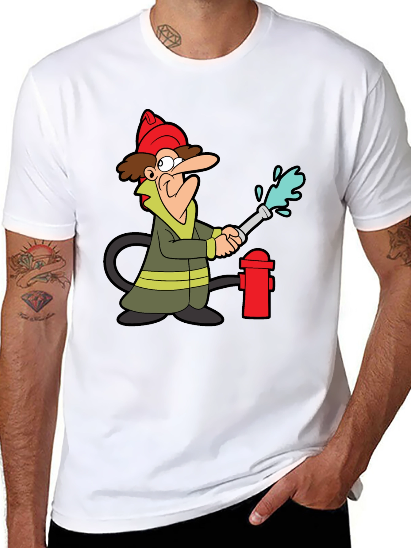 Cartoon Firefighter Graphic Tee - Black Cotton T-Shirt