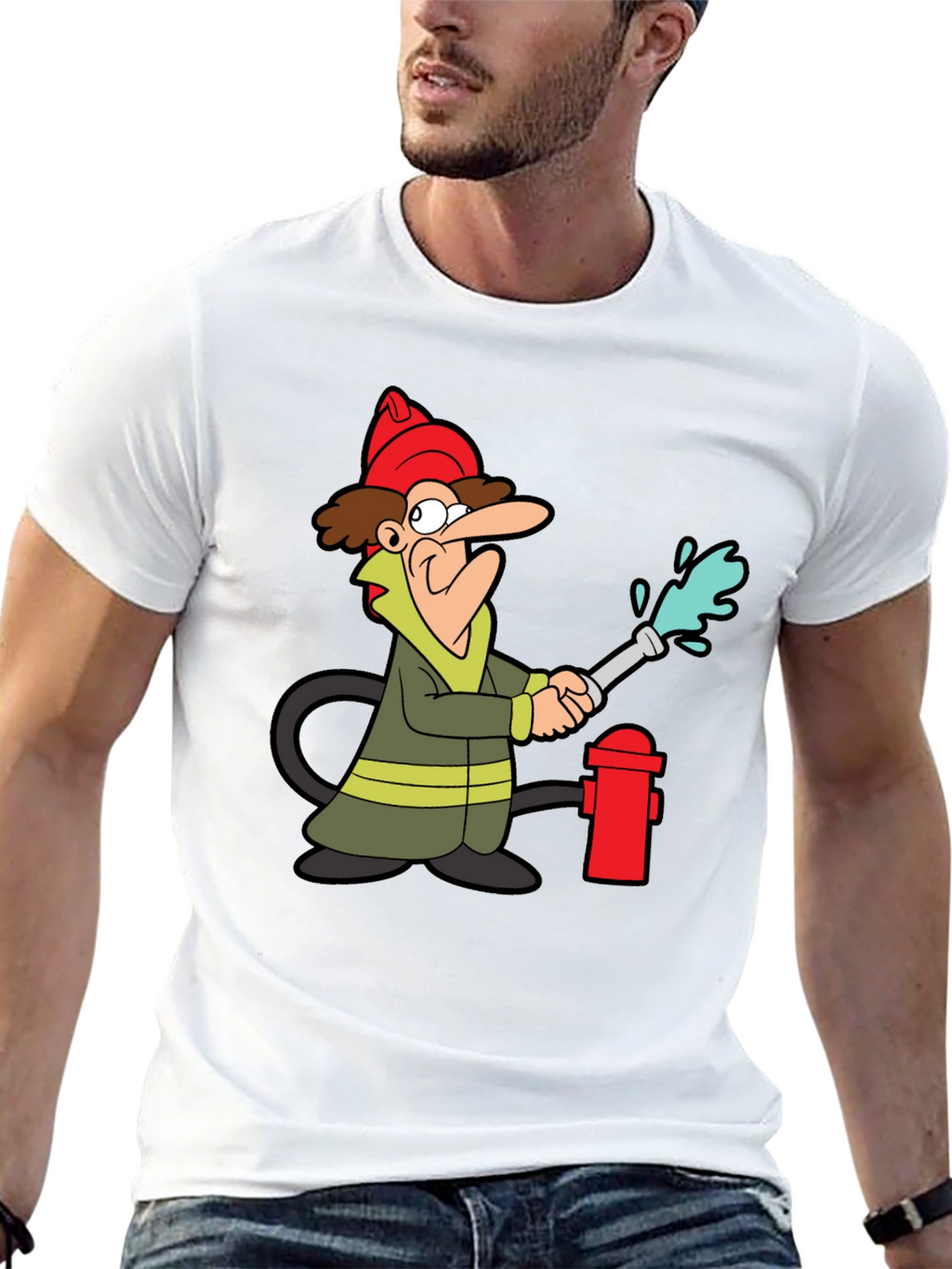 Cartoon Firefighter Graphic Tee - Black Cotton T-Shirt