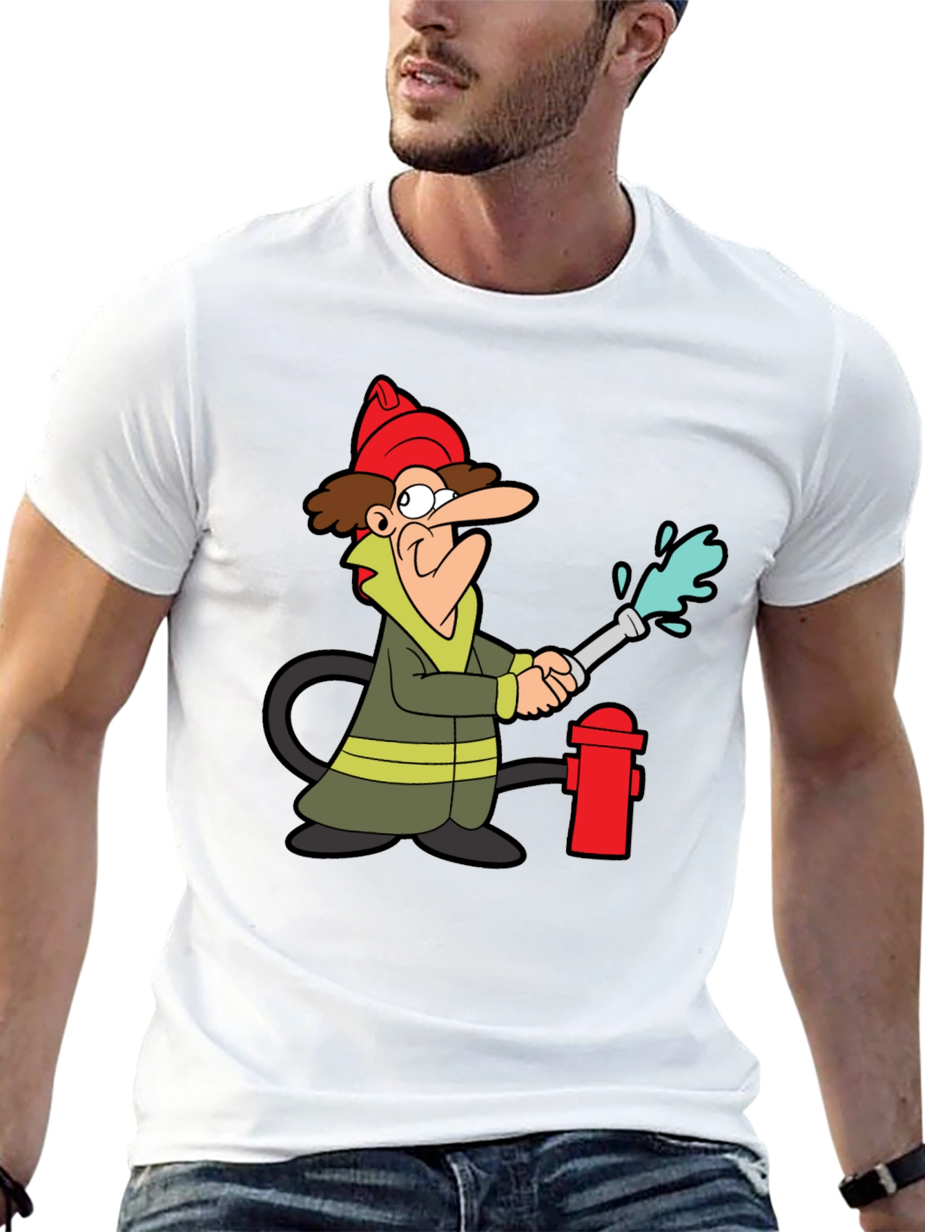 Cartoon Firefighter Graphic Tee - Black Cotton T-Shirt
