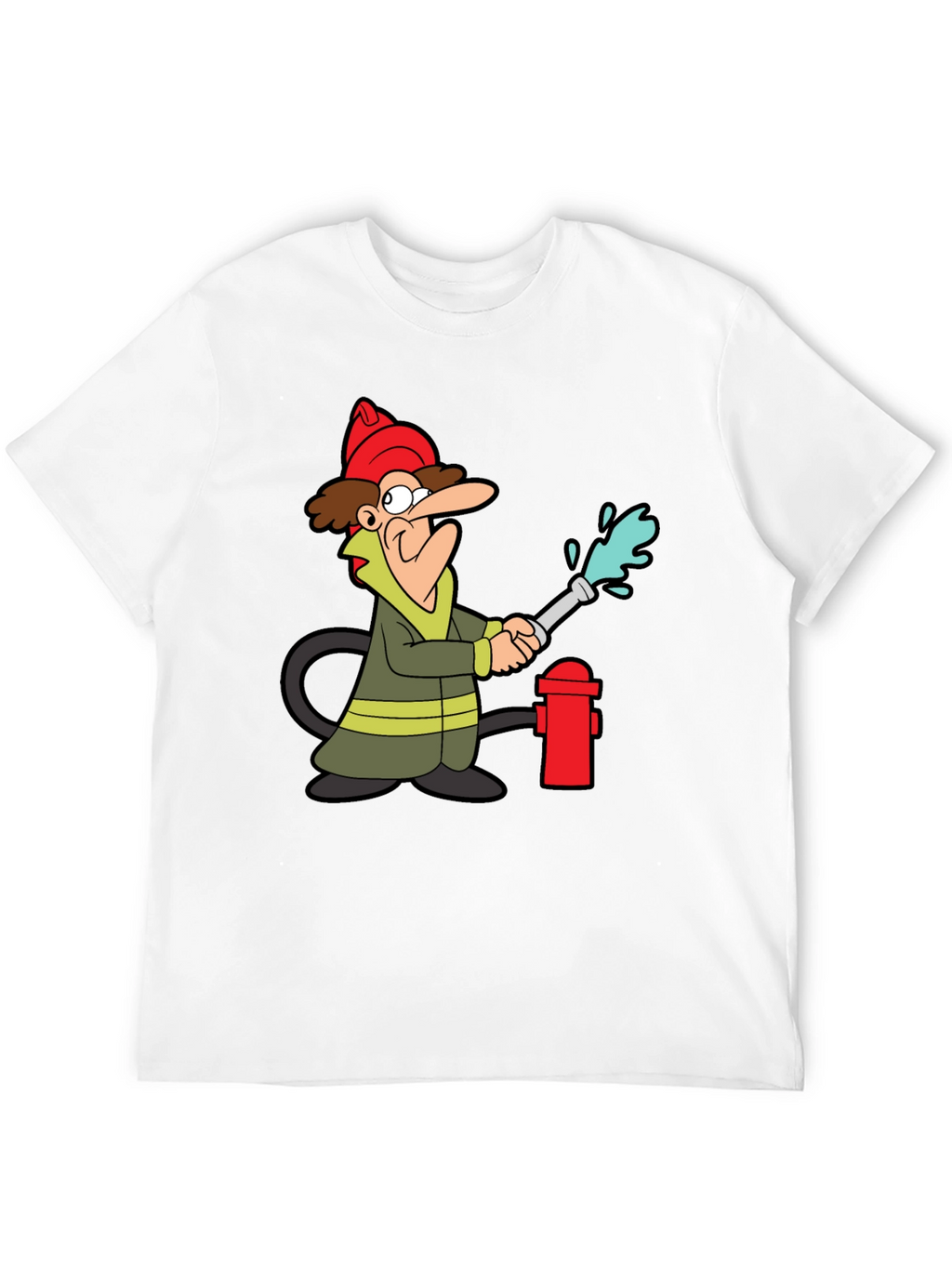 Cartoon Firefighter Graphic Tee - Black Cotton T-Shirt