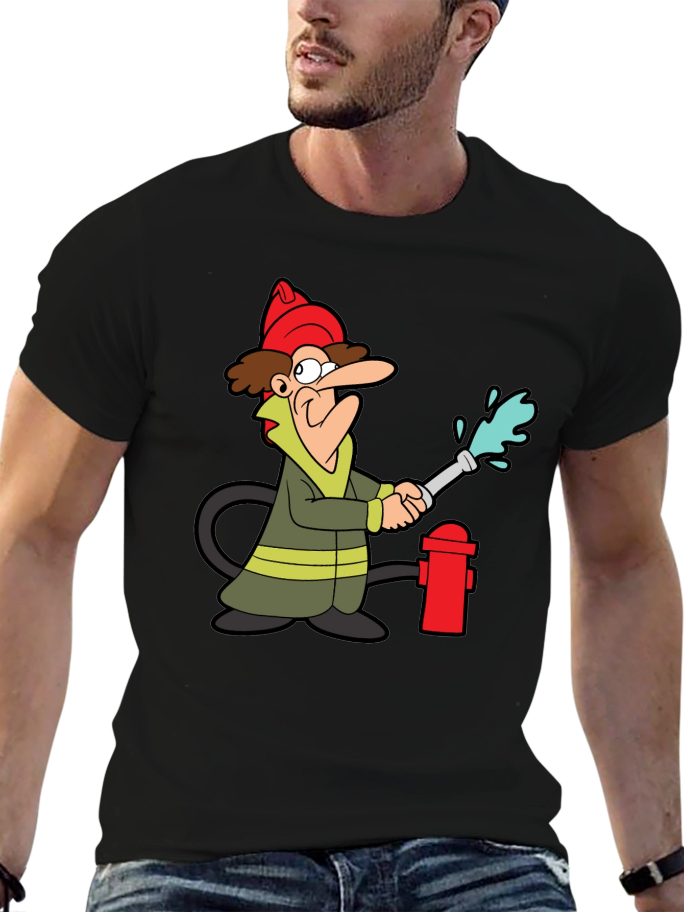 Cartoon Firefighter Graphic Tee - Black Cotton T-Shirt