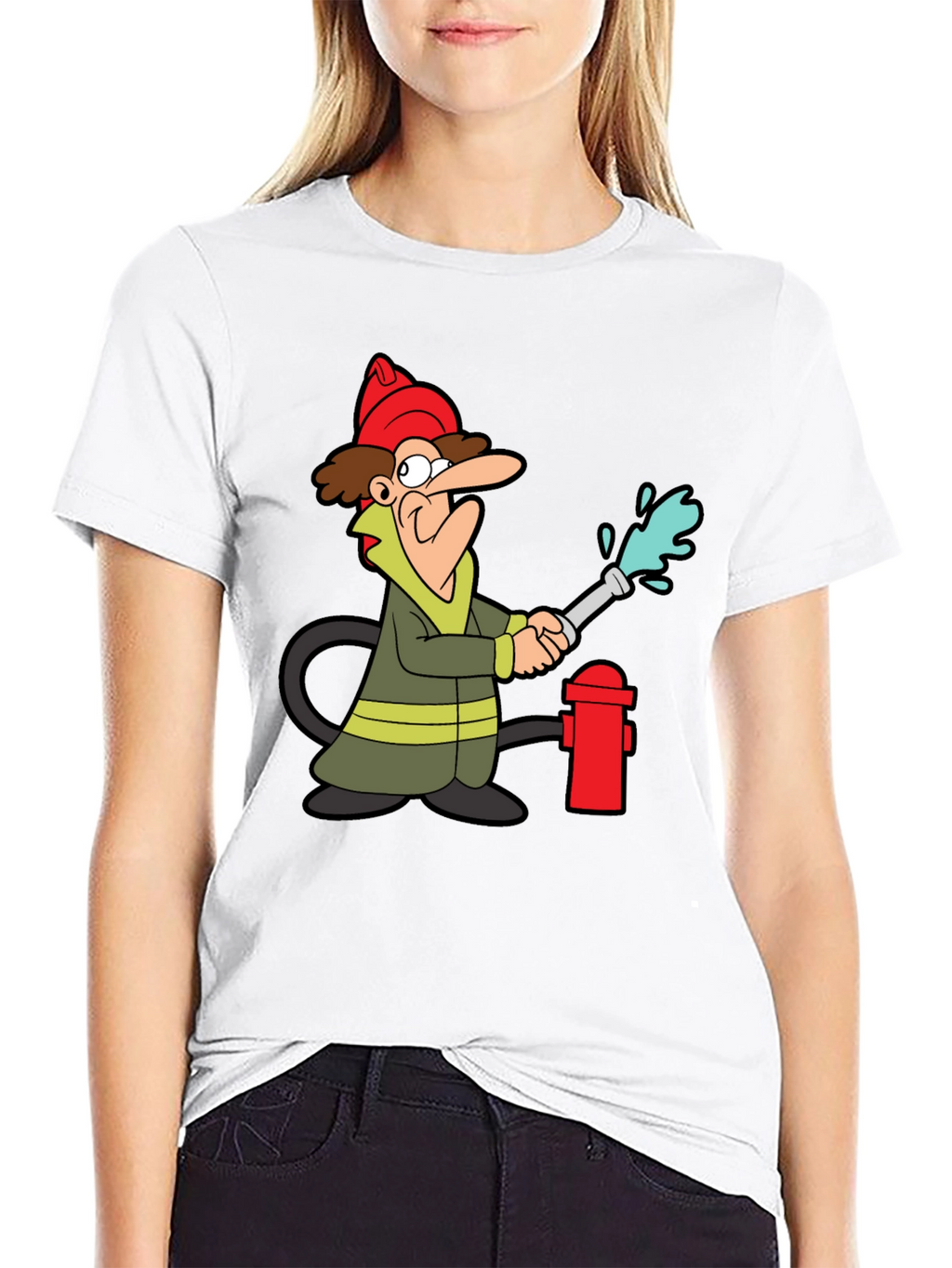 Cartoon Firefighter Graphic Tee - Black Cotton T-Shirt