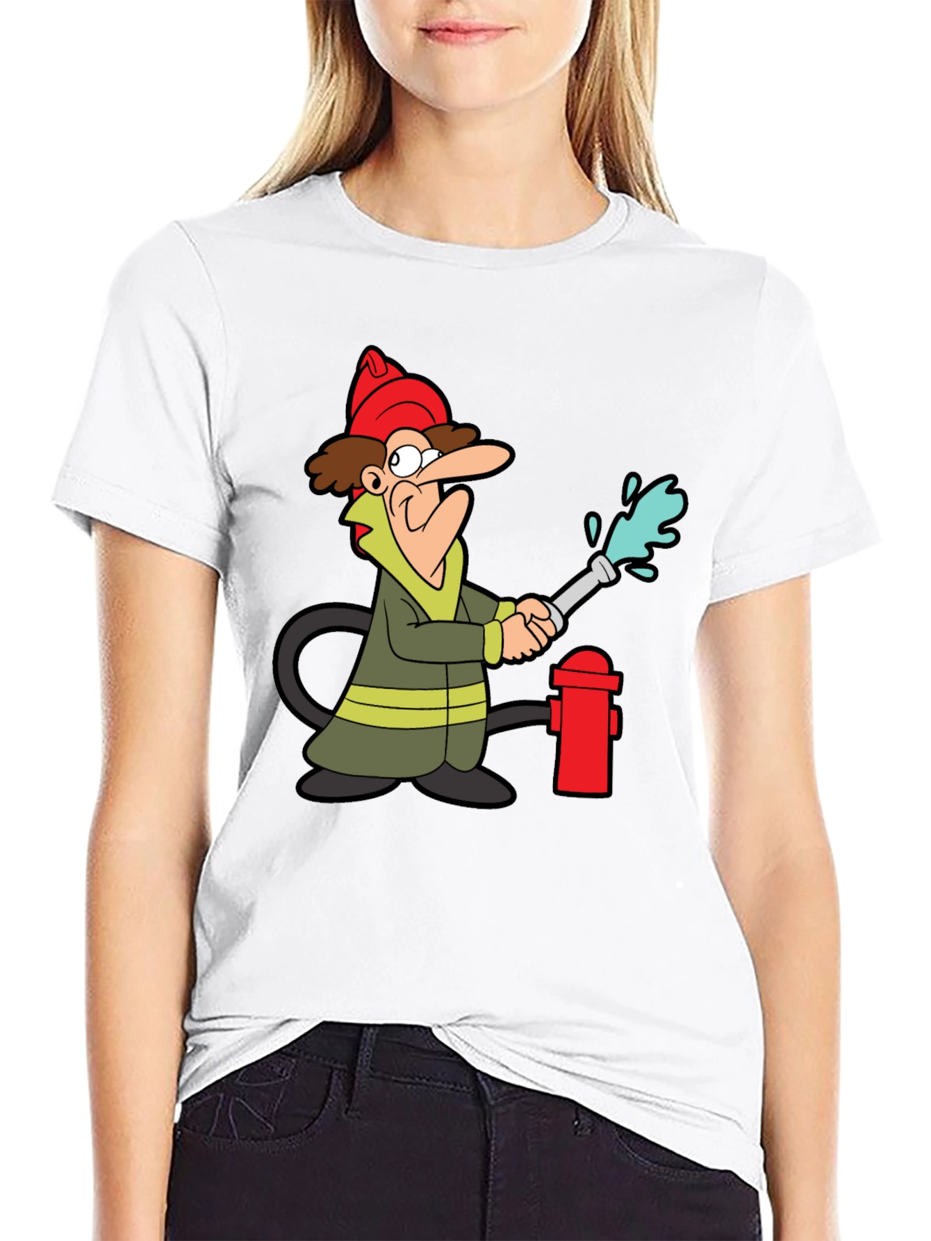 Cartoon Firefighter Graphic Tee - Black Cotton T-Shirt