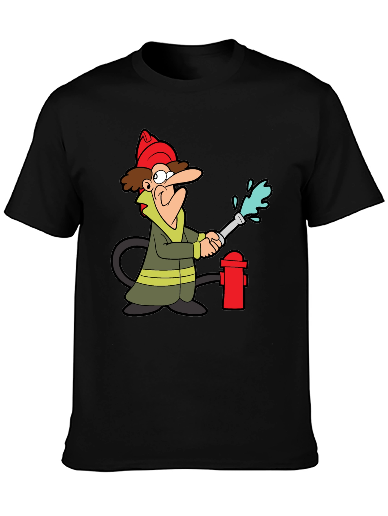 Cartoon Firefighter Graphic Tee - Black Cotton T-Shirt