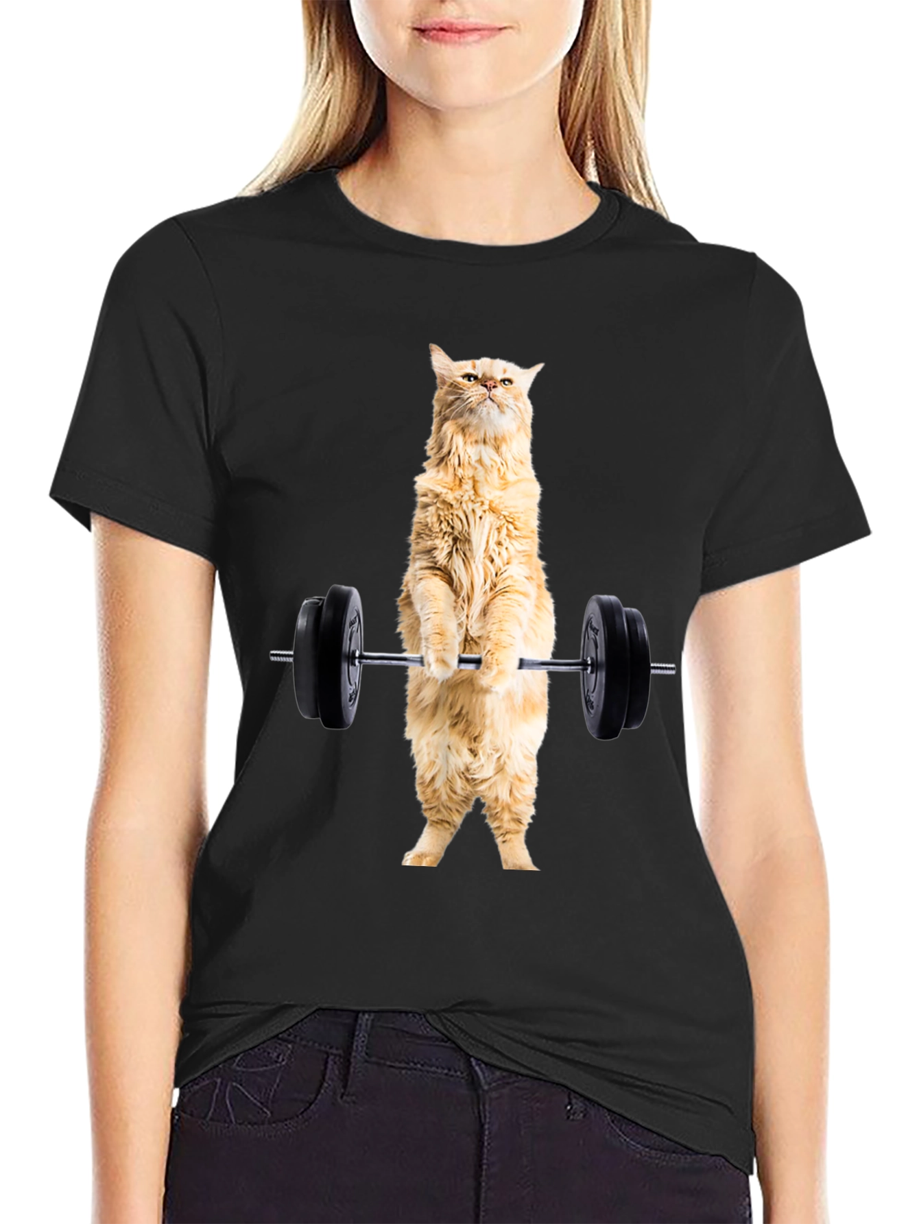 Funny Cat Lifting Weights Black T-Shirt