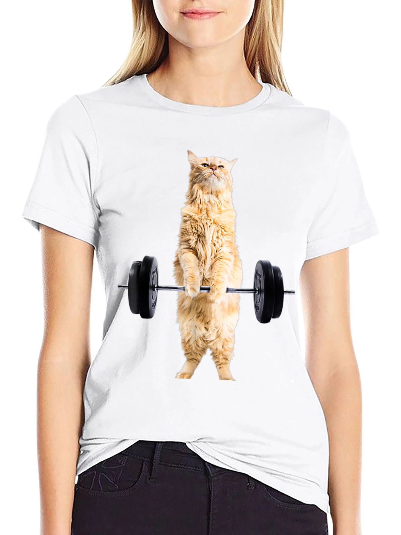 Funny Cat Lifting Weights Black T-Shirt