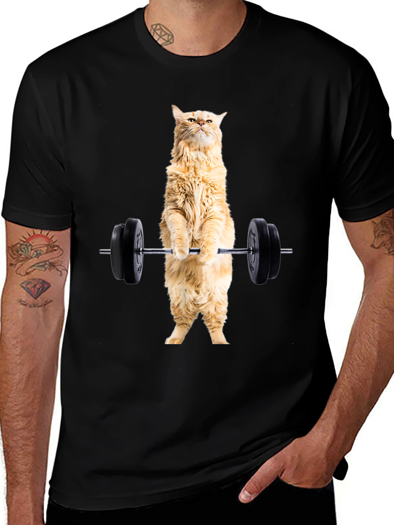 Funny Cat Lifting Weights Black T-Shirt
