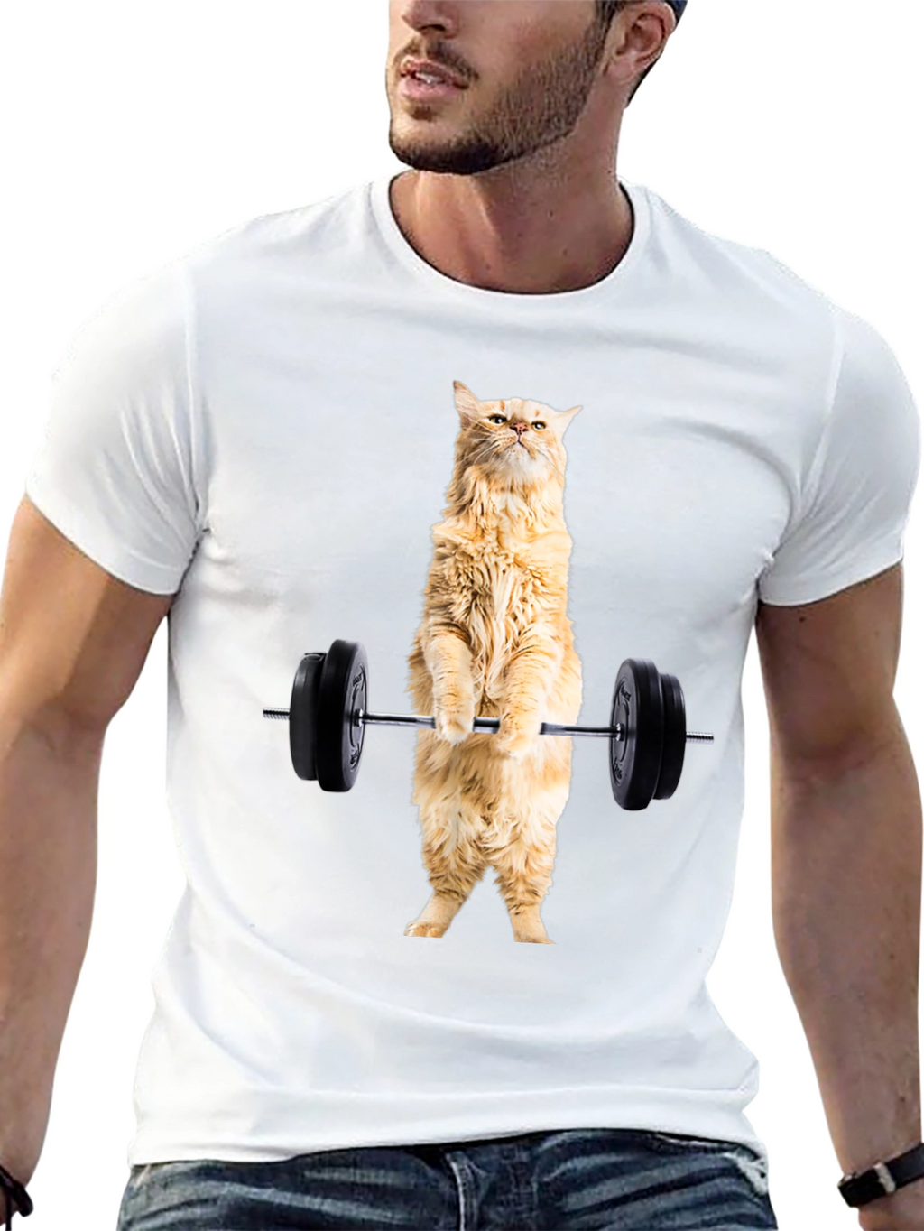 Funny Cat Lifting Weights Black T-Shirt