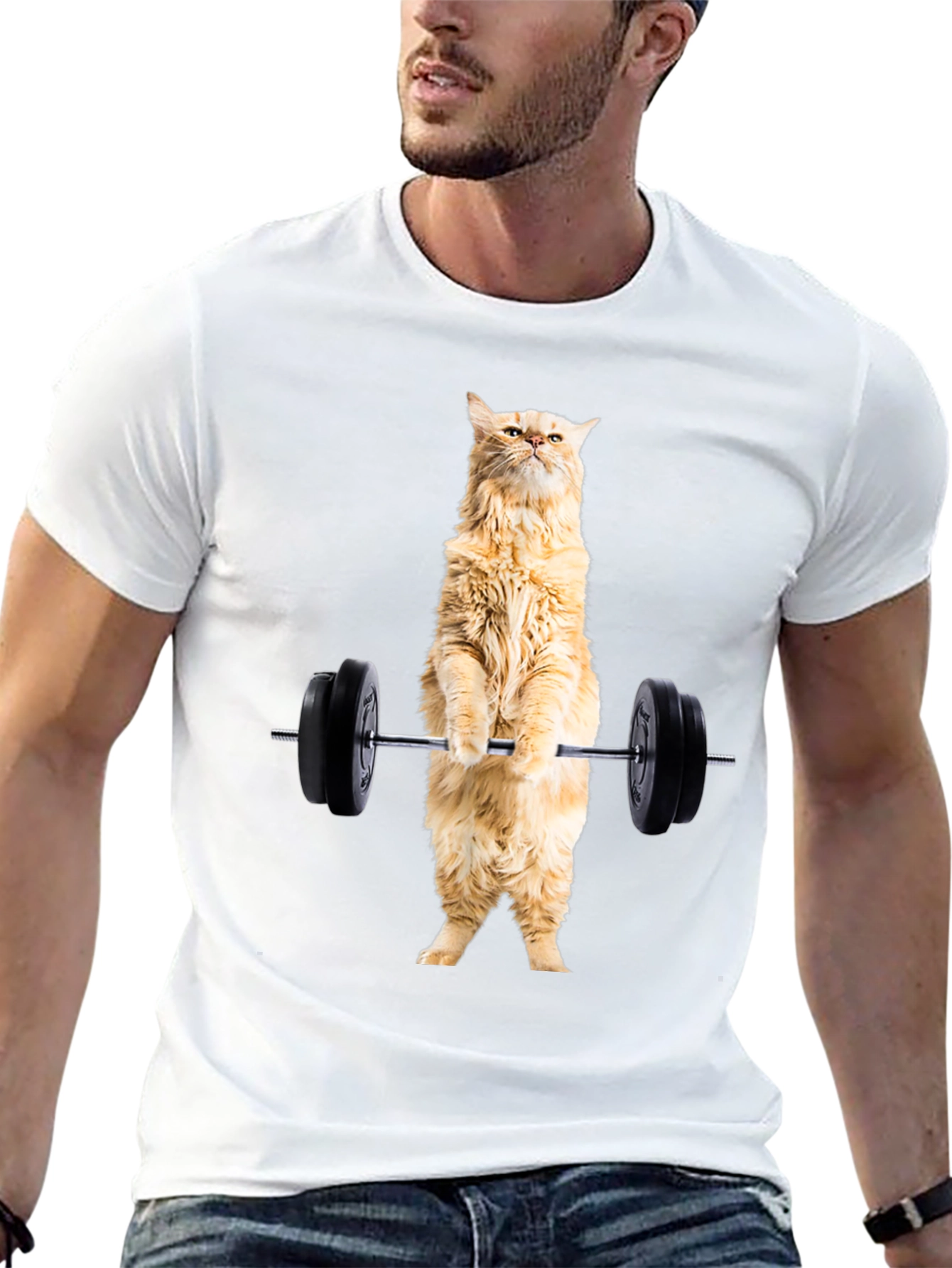 Funny Cat Lifting Weights Black T-Shirt