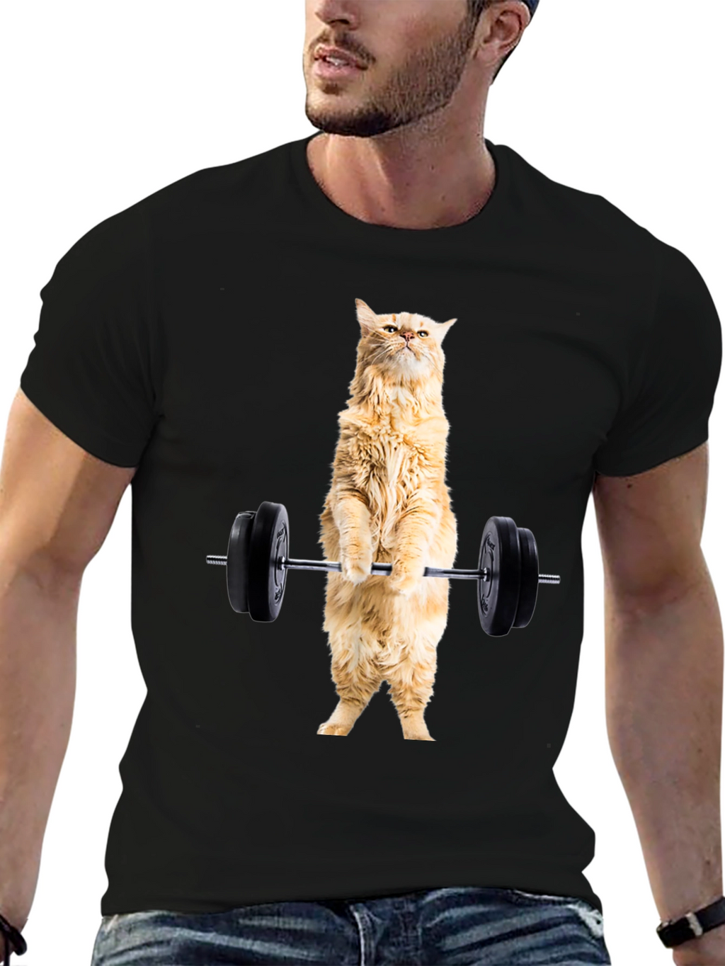 Funny Cat Lifting Weights Black T-Shirt