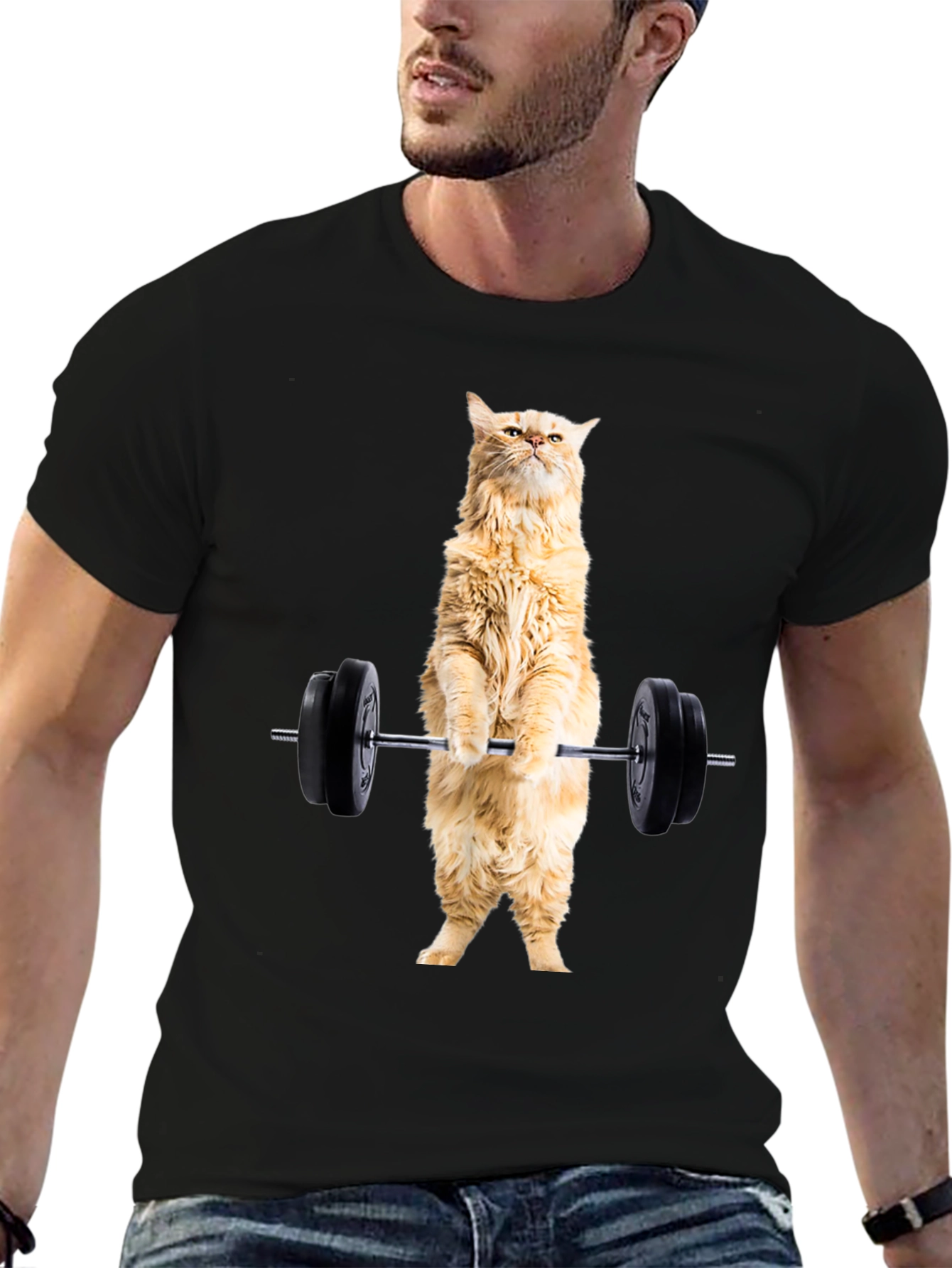 Funny Cat Lifting Weights Black T-Shirt