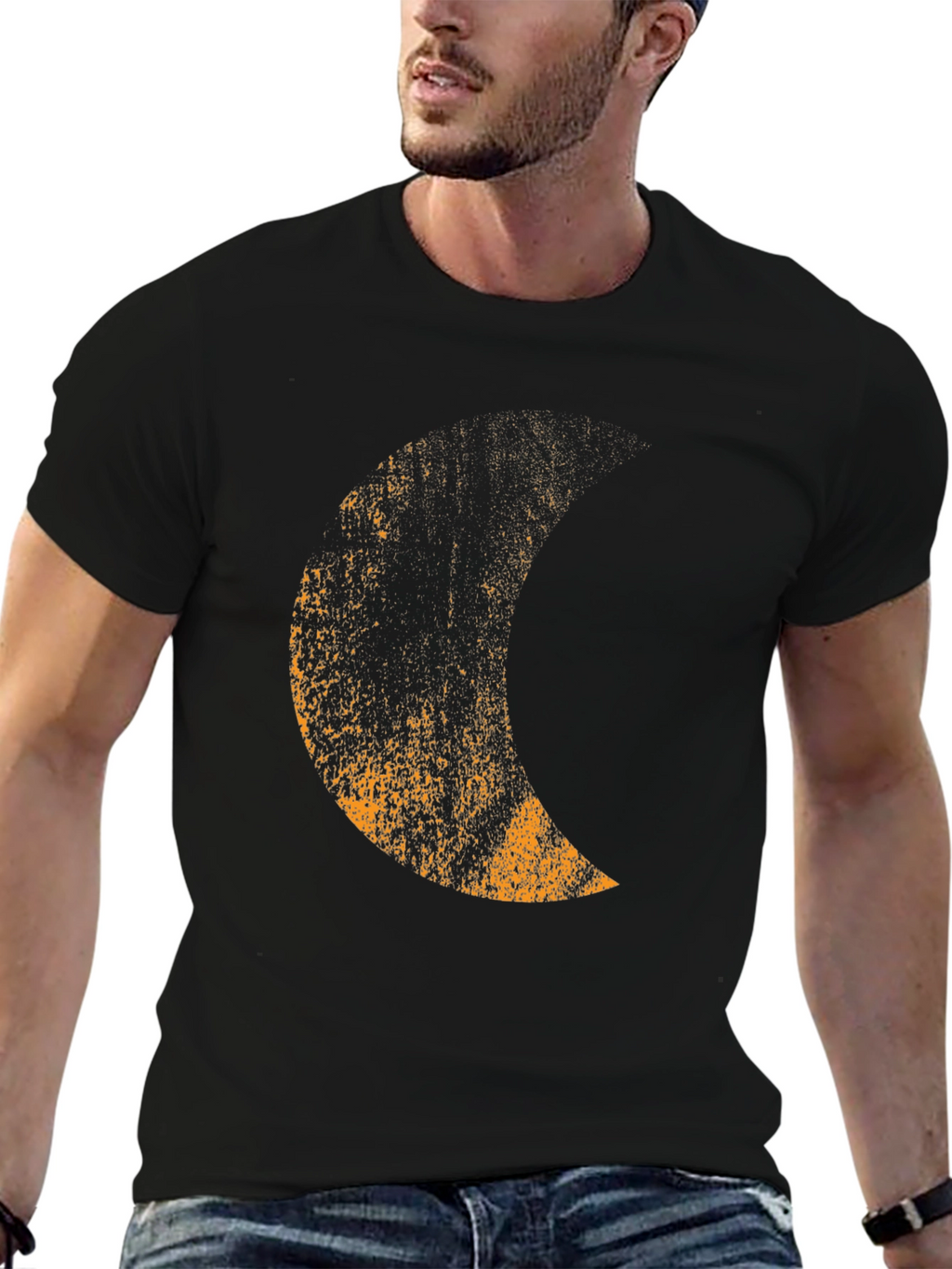 Mens Black T-Shirt with Distressed Moon Graphic