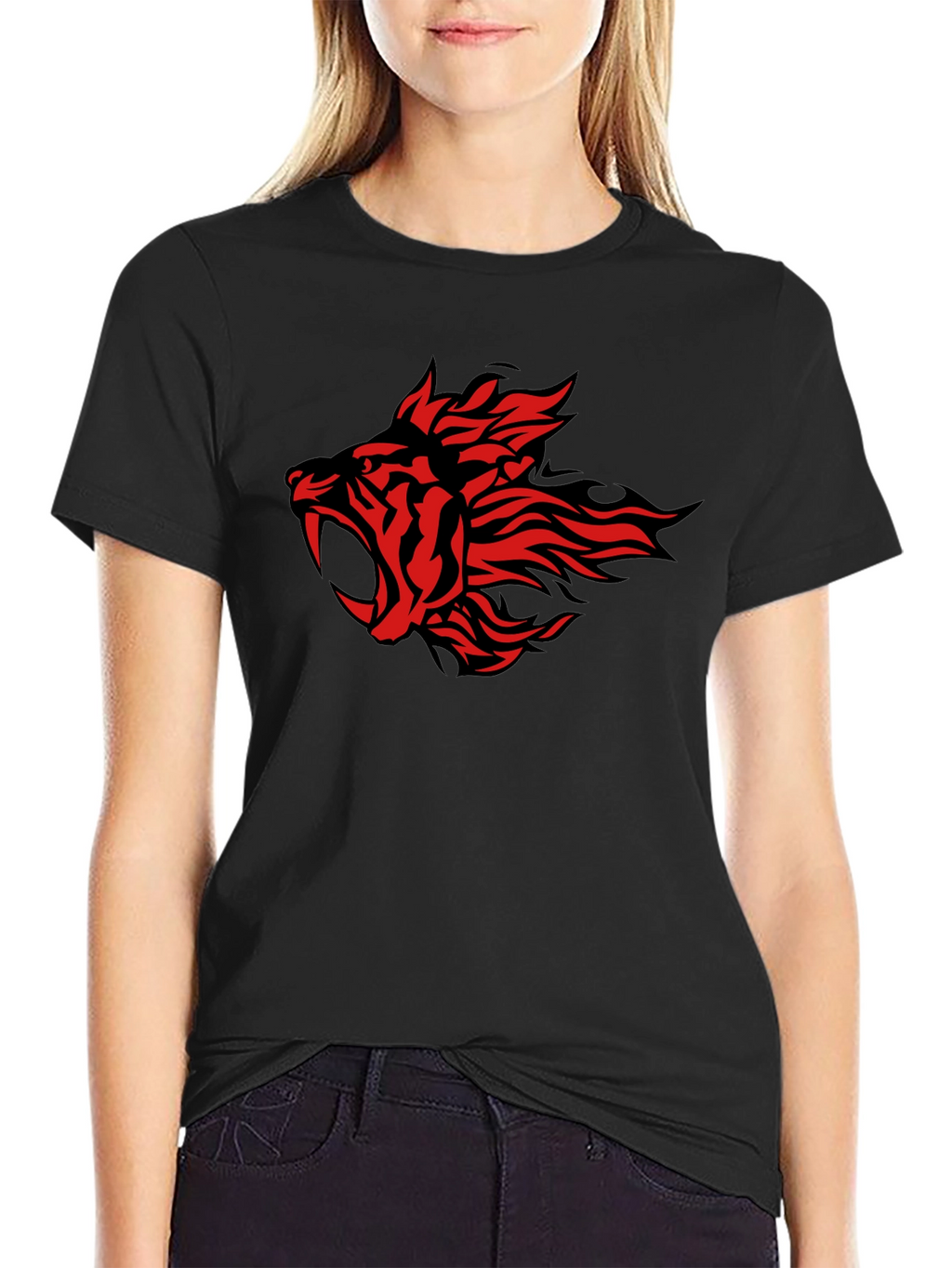 Red Fire Tiger Graphic Black T-Shirt