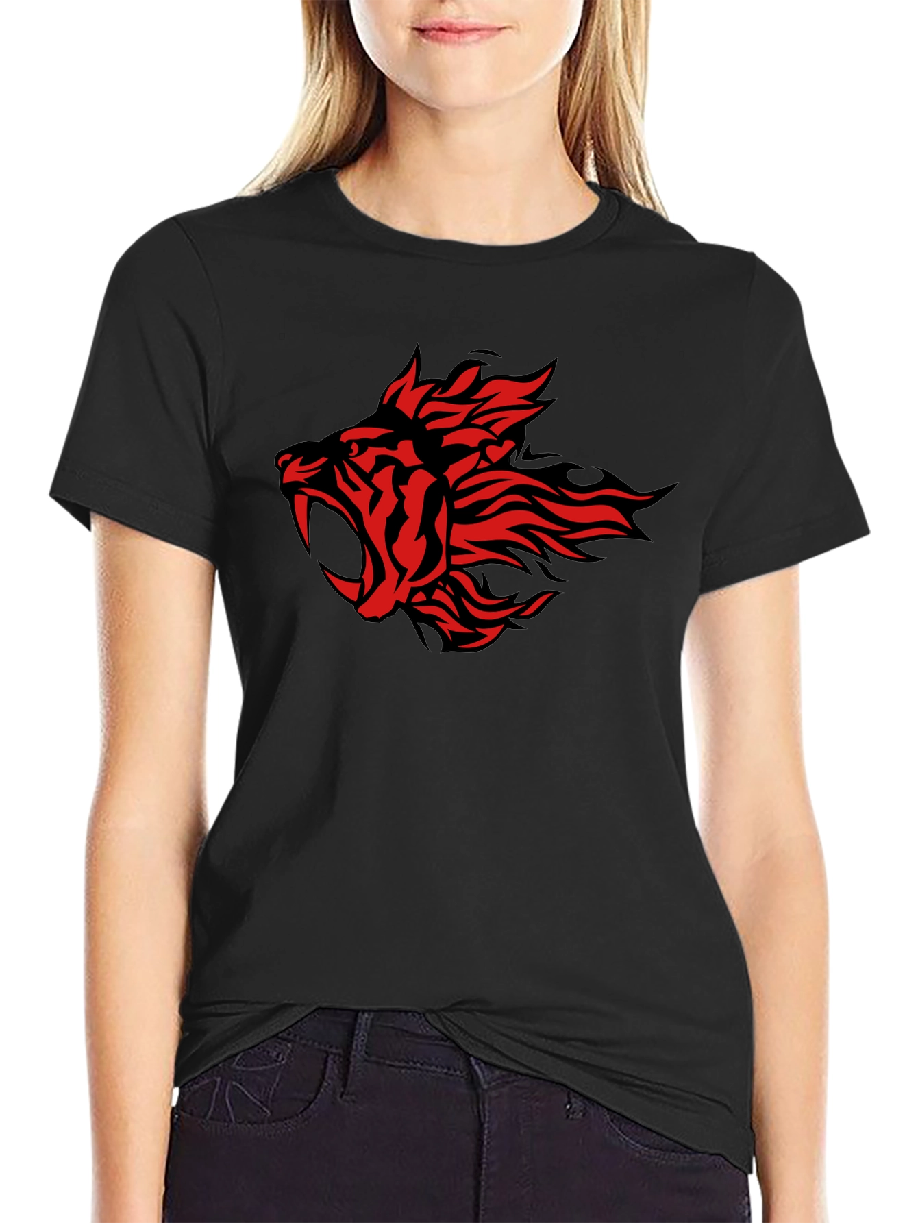 Red Fire Tiger Graphic Black T-Shirt