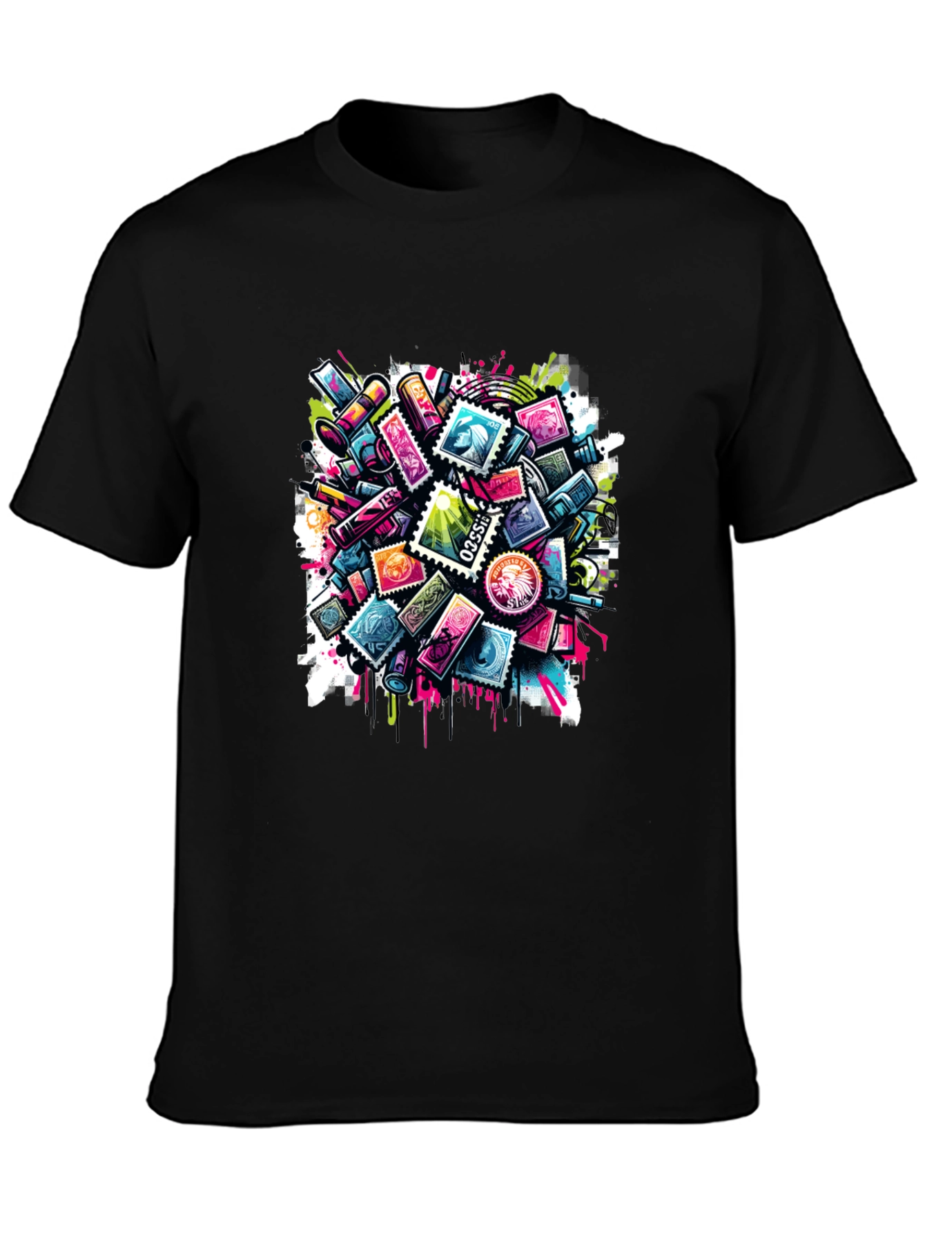 Colorful Stamp Collage Graphic Tee - Modern Art Shirt