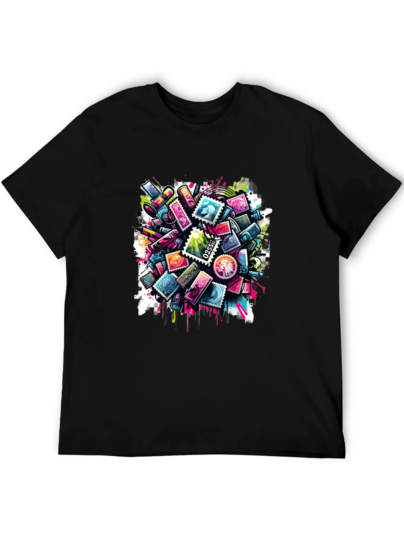 Colorful Stamp Collage Graphic Tee - Modern Art Shirt