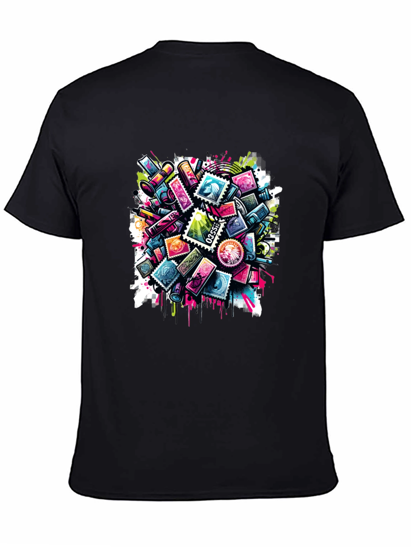 Colorful Stamp Collage Graphic Tee - Modern Art Shirt