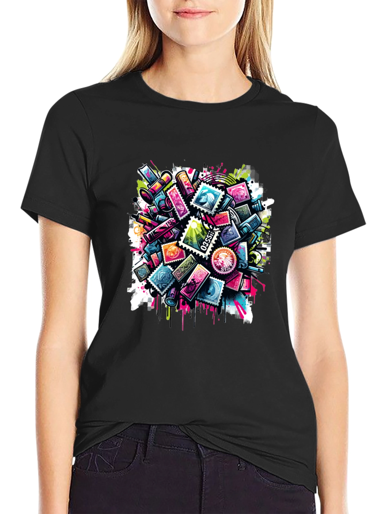 Colorful Stamp Collage Graphic Tee - Modern Art Shirt