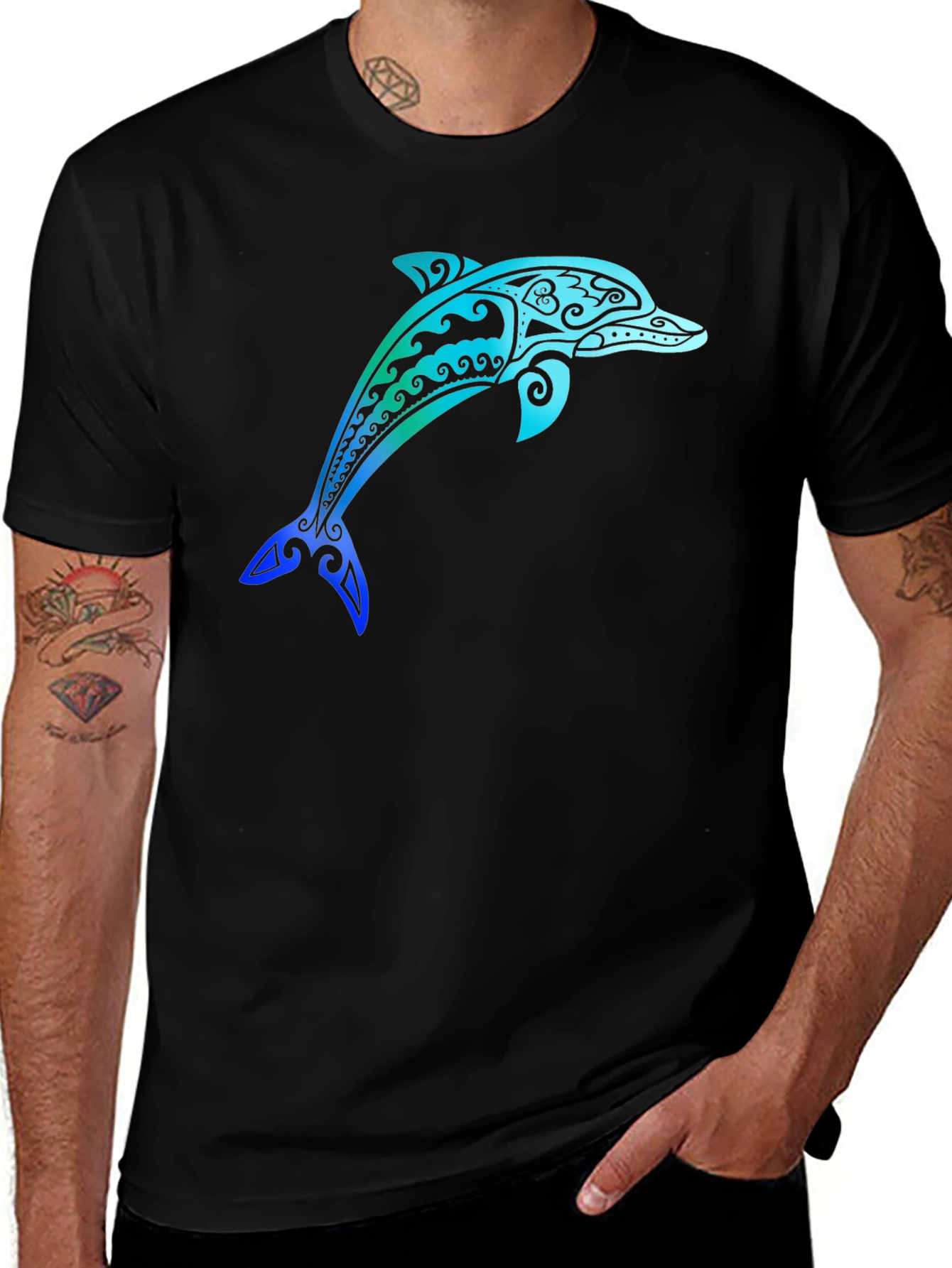 Tribal Dolphin Graphic Tee - Stylish Black T-Shirt