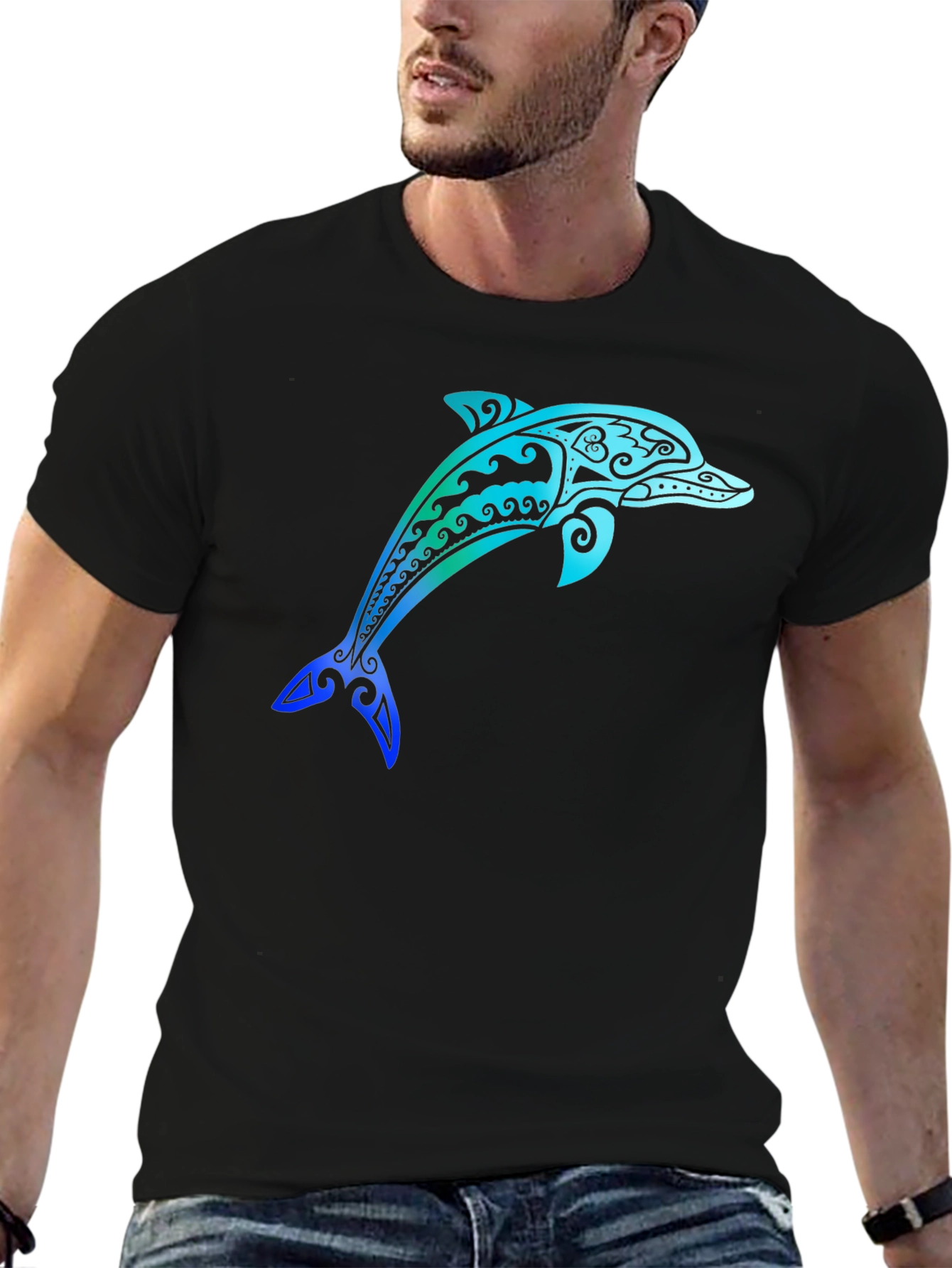 Tribal Dolphin Graphic Tee - Stylish Black T-Shirt