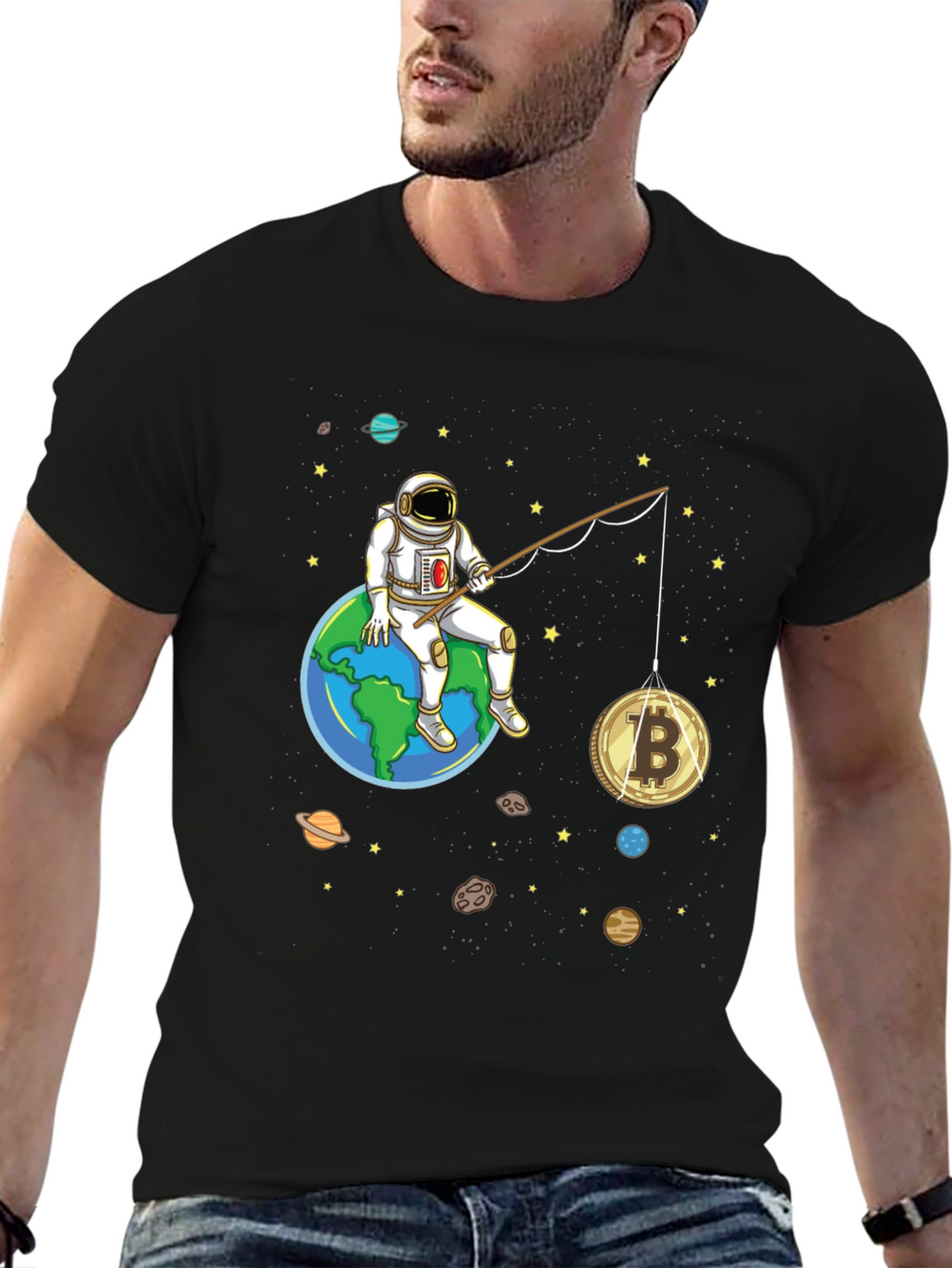 Astronaut Bitcoin Fishing Graphic Tee