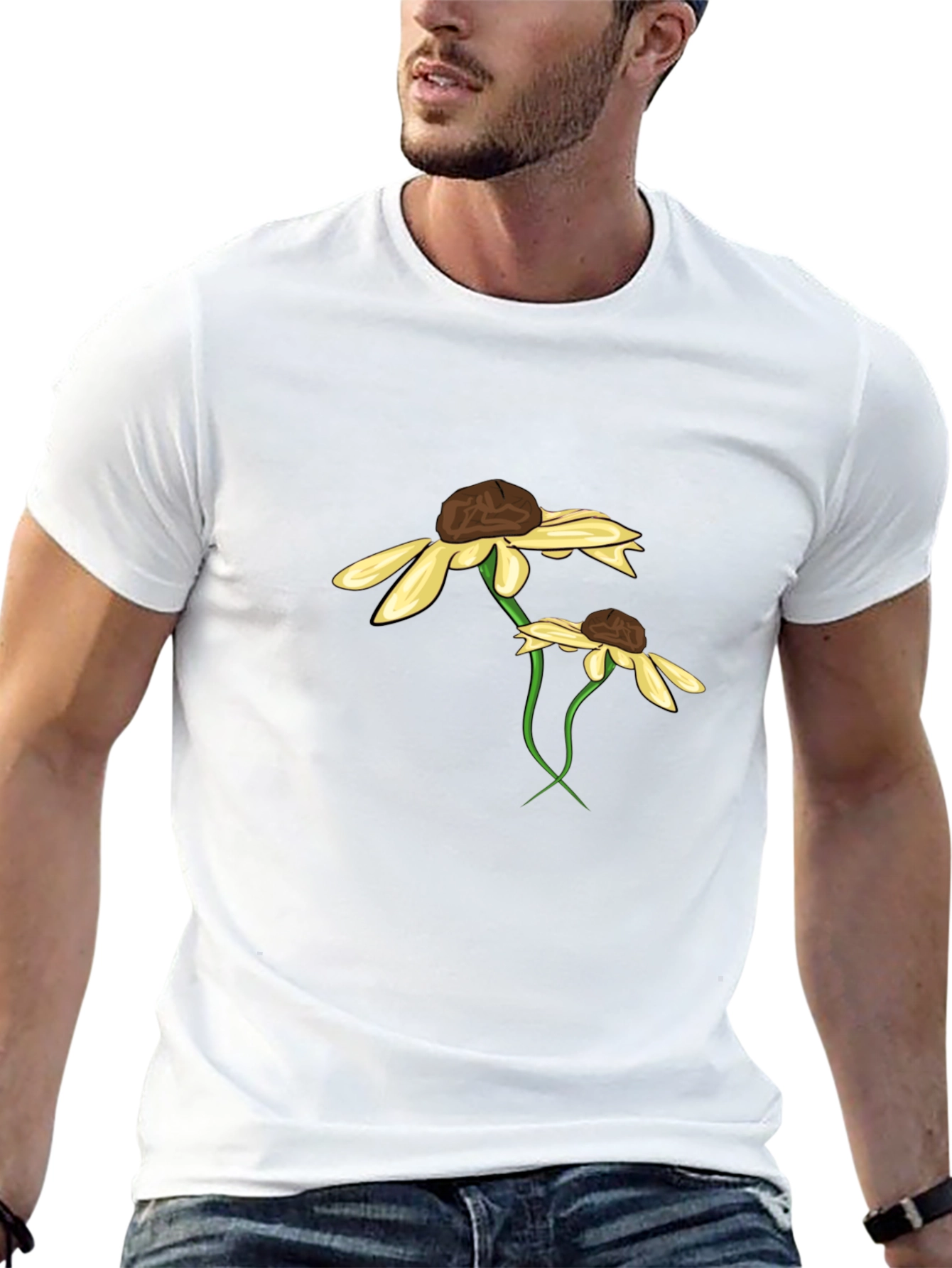 Black T-Shirt with Floral Daisy Graphic Design