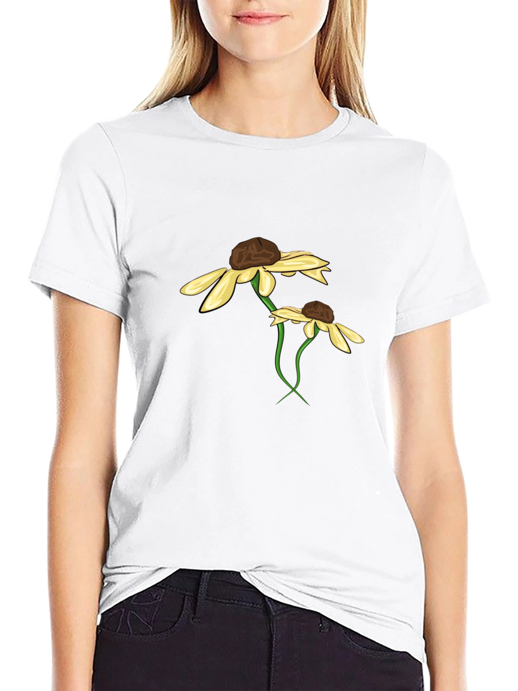 Black T-Shirt with Floral Daisy Graphic Design