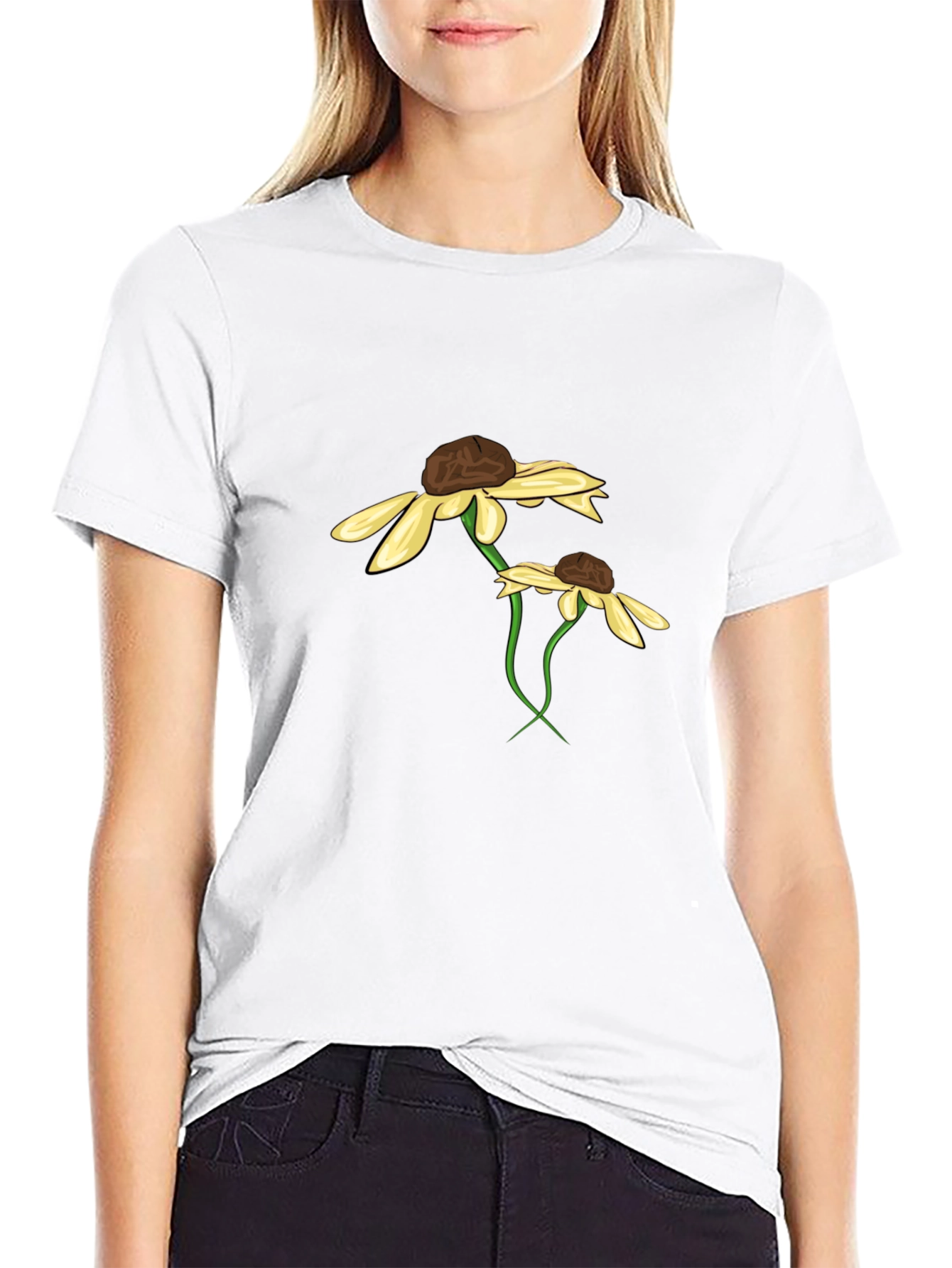 Black T-Shirt with Floral Daisy Graphic Design