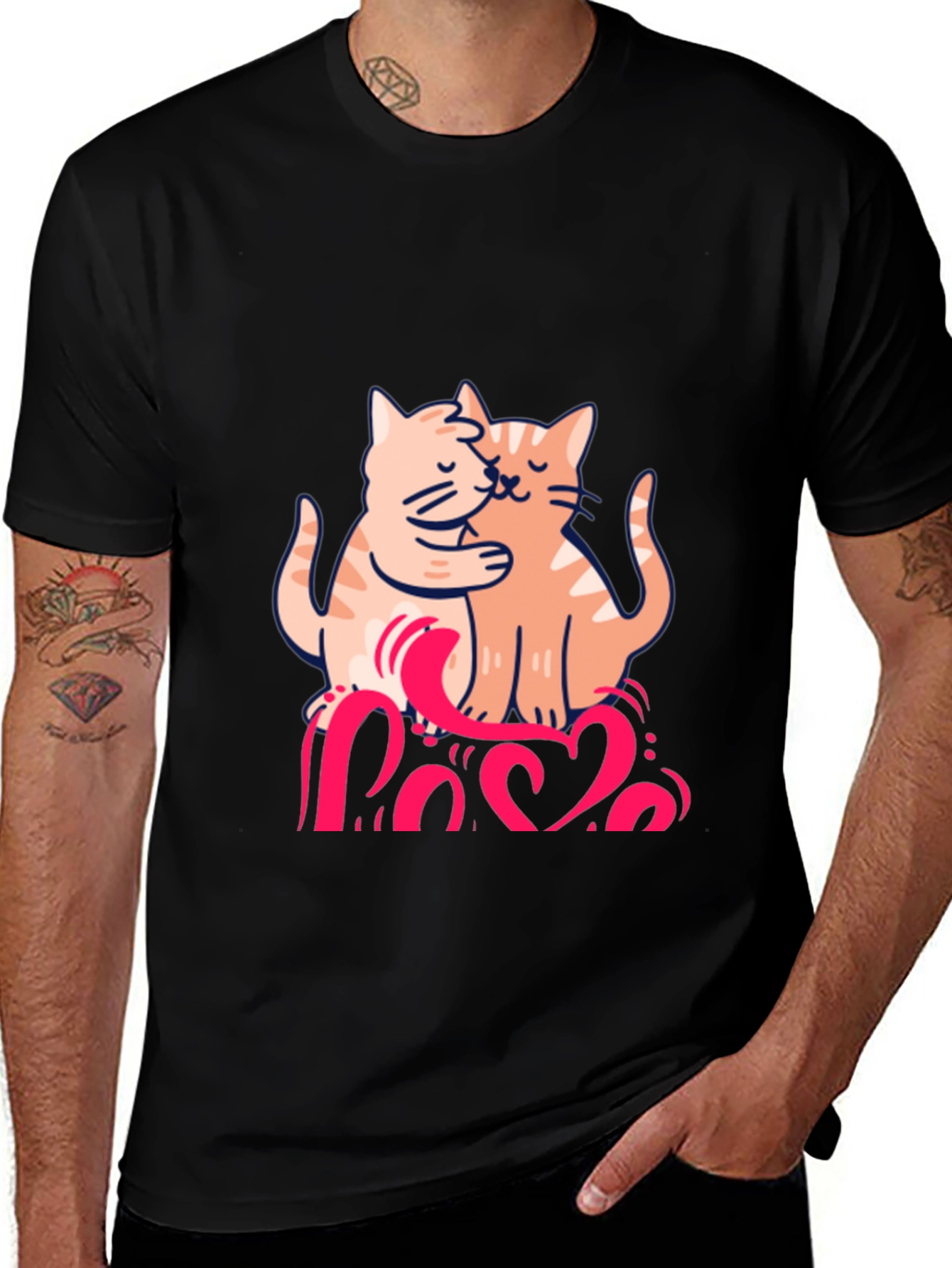 Cute Cats Love Graphic Black T-Shirt