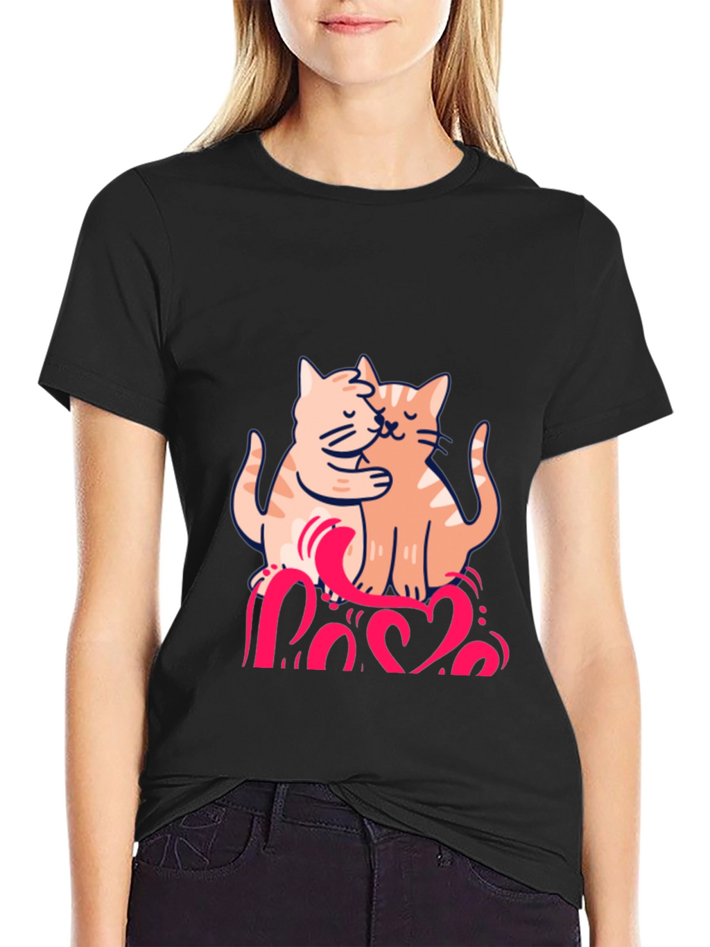 Cute Cats Love Graphic Black T-Shirt