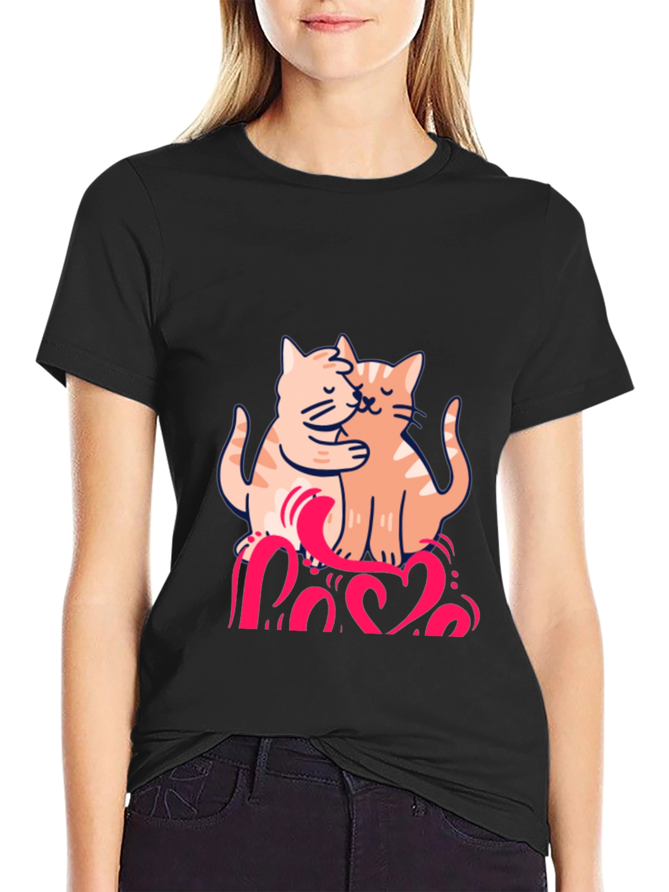 Cute Cats Love Graphic Black T-Shirt