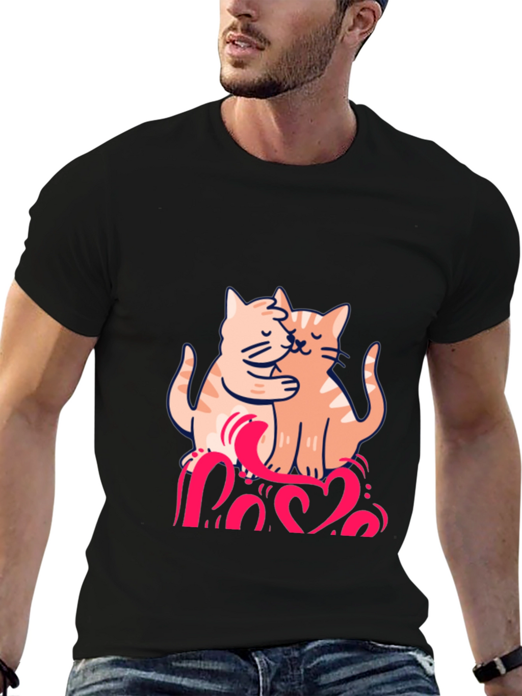 Cute Cats Love Graphic Black T-Shirt