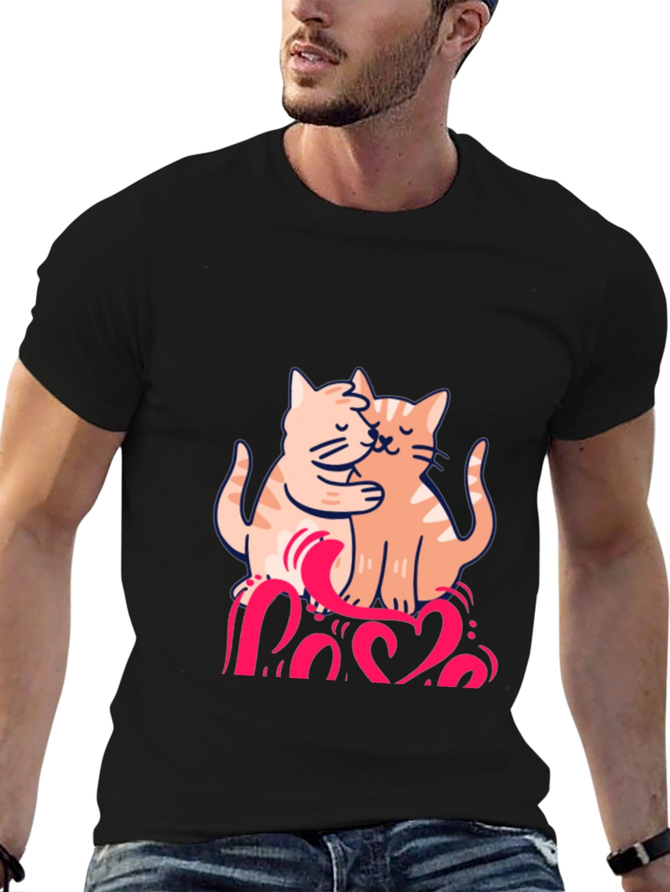 Cute Cats Love Graphic Black T-Shirt