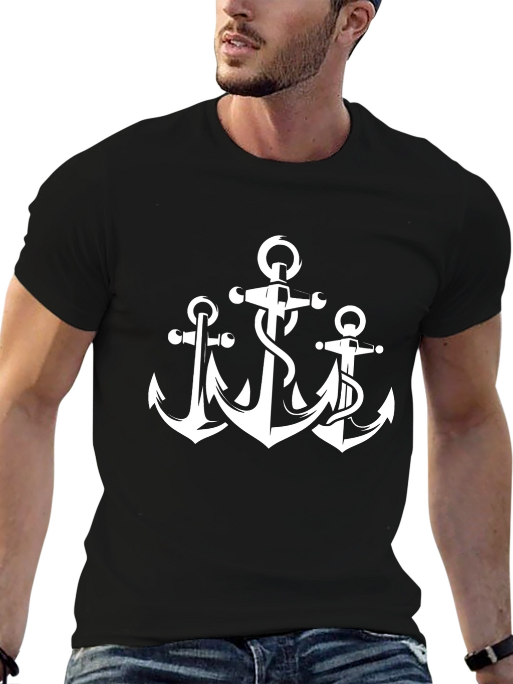 Mens Black T-Shirt with Anchor Graphic