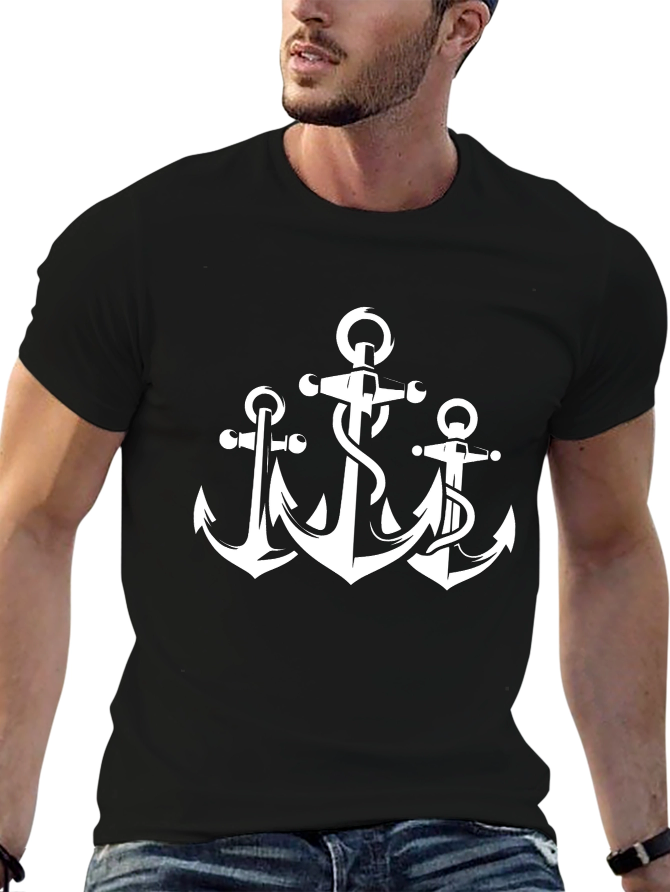 Mens Black T-Shirt with Anchor Graphic