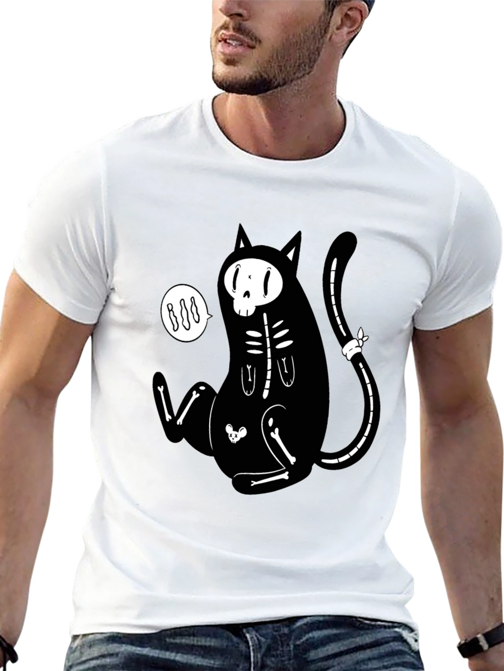 Skeleton Cat Graphic T-Shirt - Halloween Style