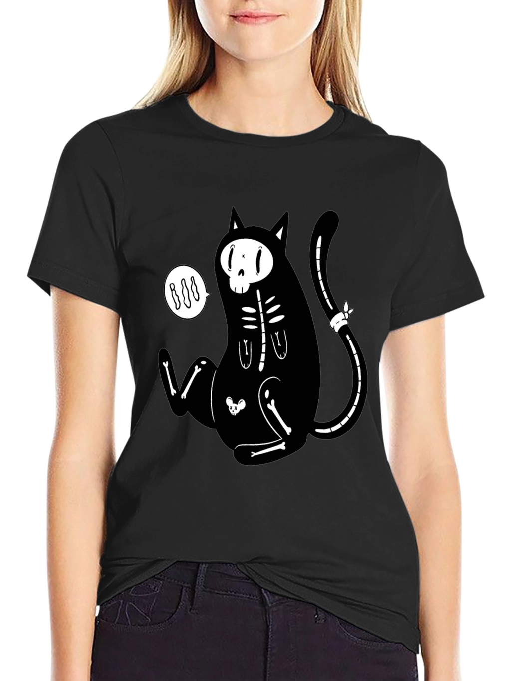 Skeleton Cat Graphic T-Shirt - Halloween Style