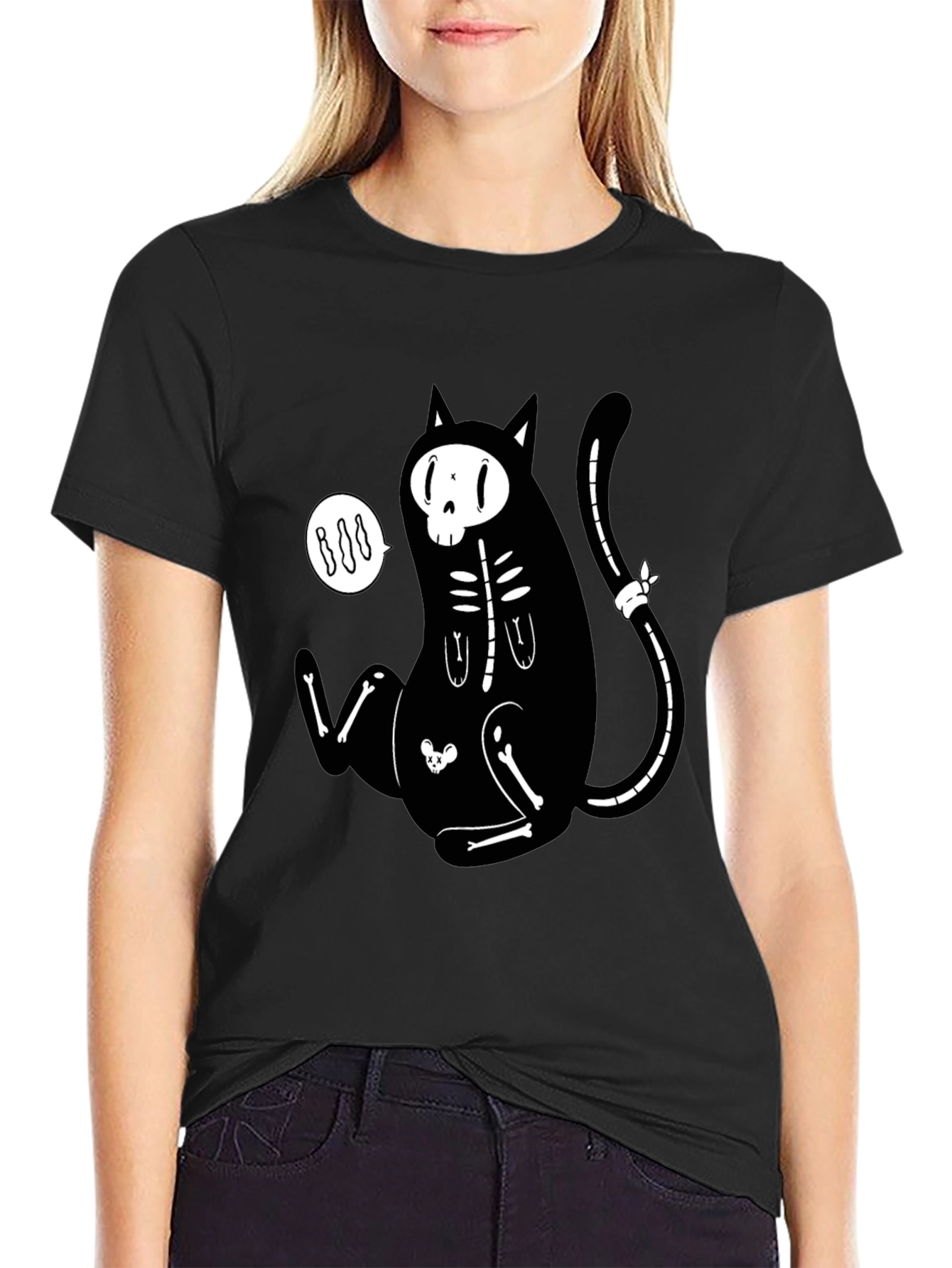 Skeleton Cat Graphic T-Shirt - Halloween Style