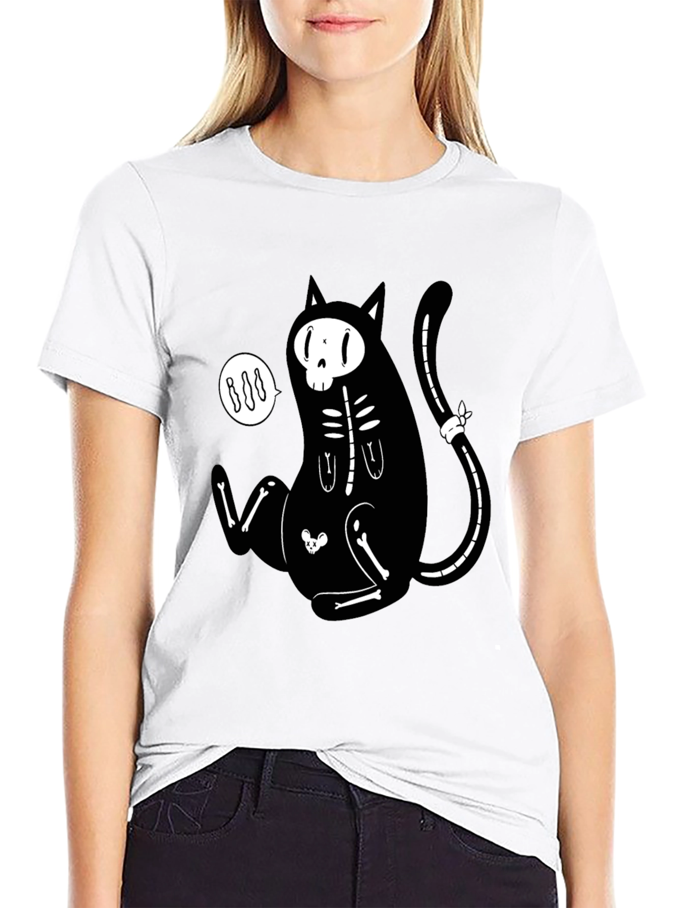 Skeleton Cat Graphic T-Shirt - Halloween Style
