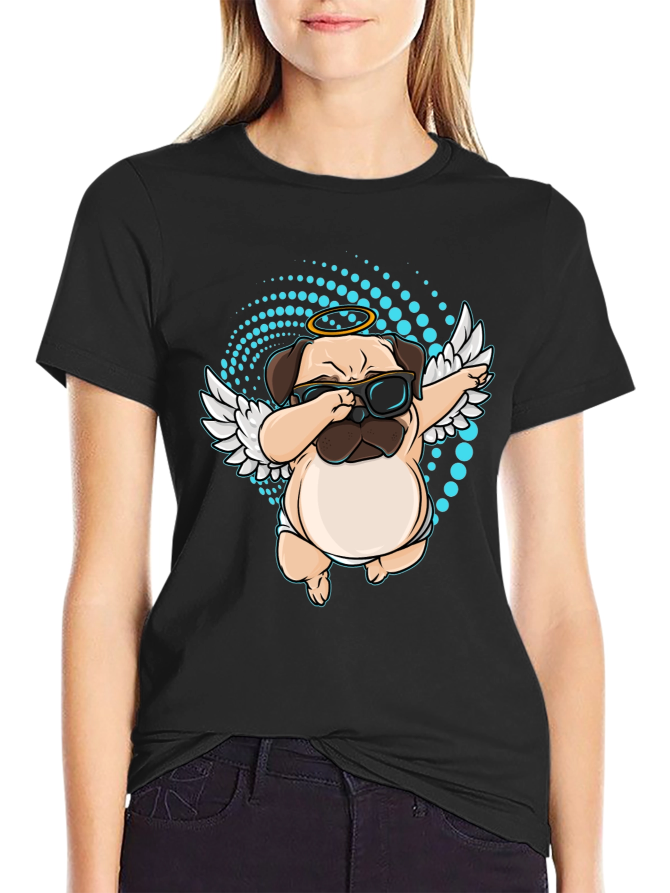 Dabbing Pug Angel Black T-Shirt