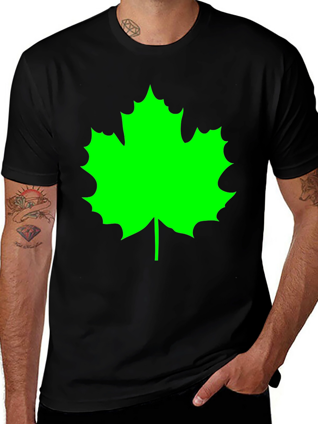 Green Maple Leaf Black T-Shirt