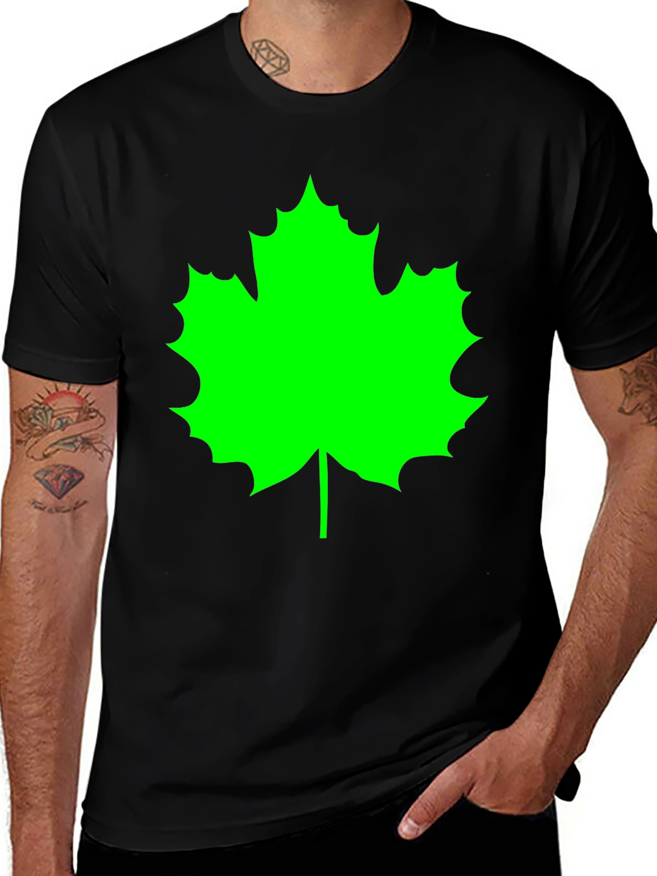 Green Maple Leaf Black T-Shirt