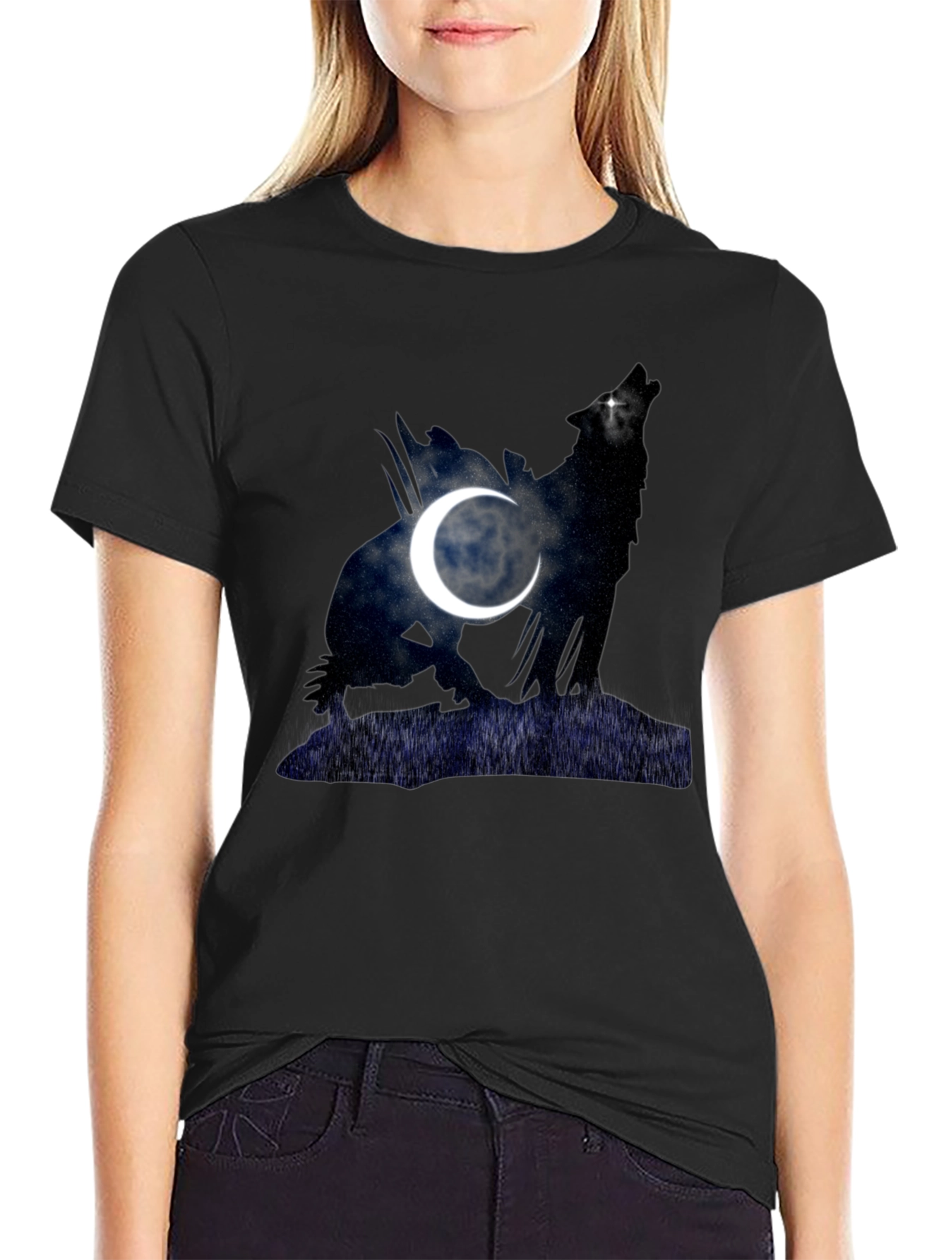 Wolf & Moon Graphic Tee - Mens Black T-Shirt