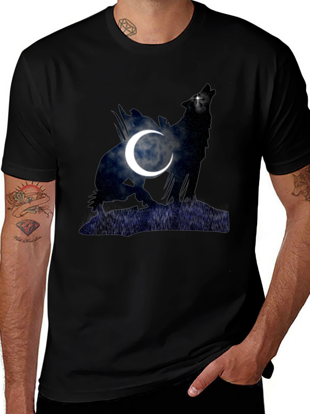 Wolf & Moon Graphic Tee - Mens Black T-Shirt