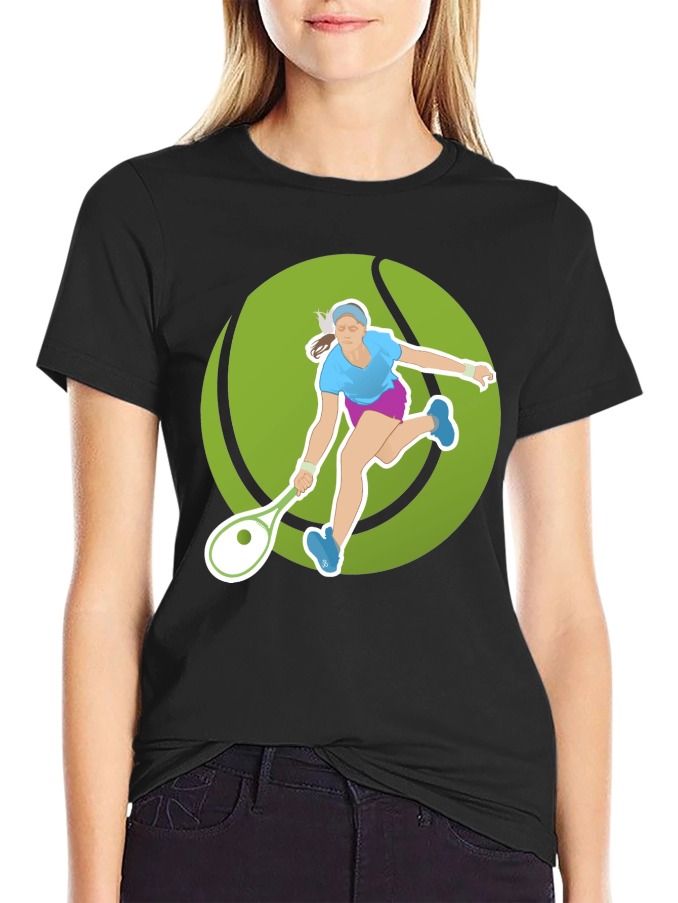 Tennis Player Graphic Tee - Black Cotton Blend