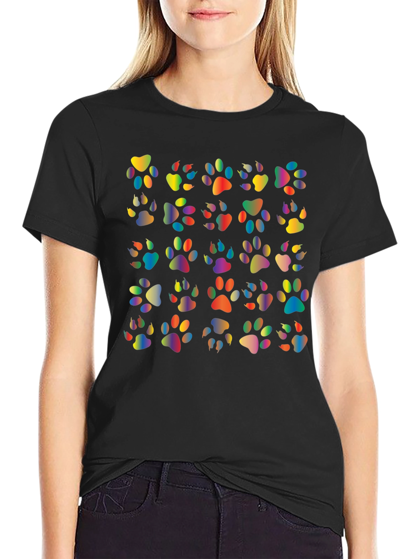 Rainbow Paw Print T-Shirt Black Tee