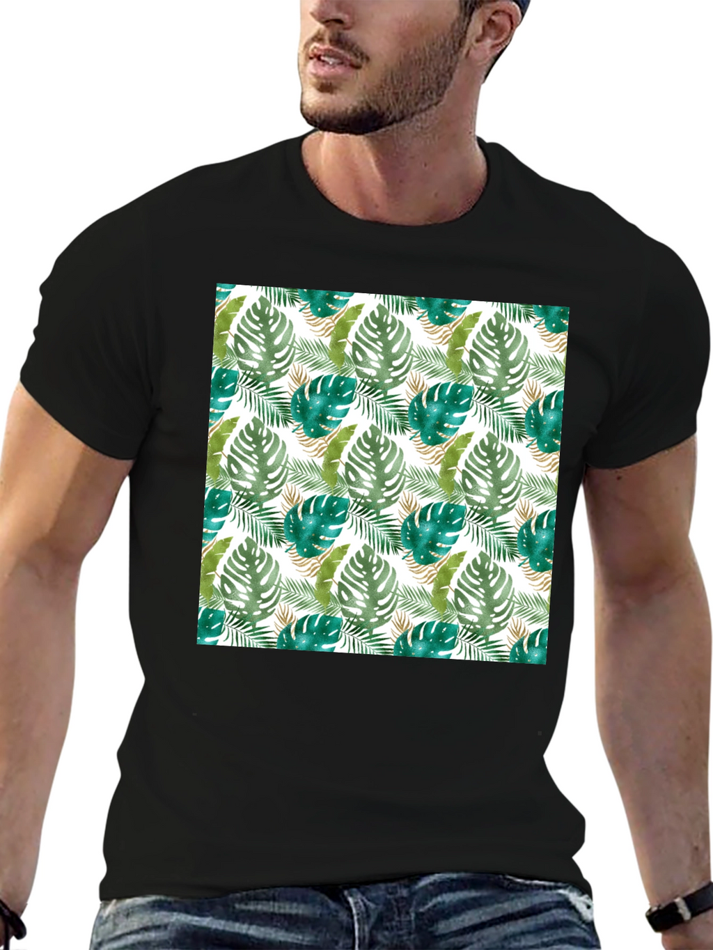 Tropical Leaf Print Black T-Shirt