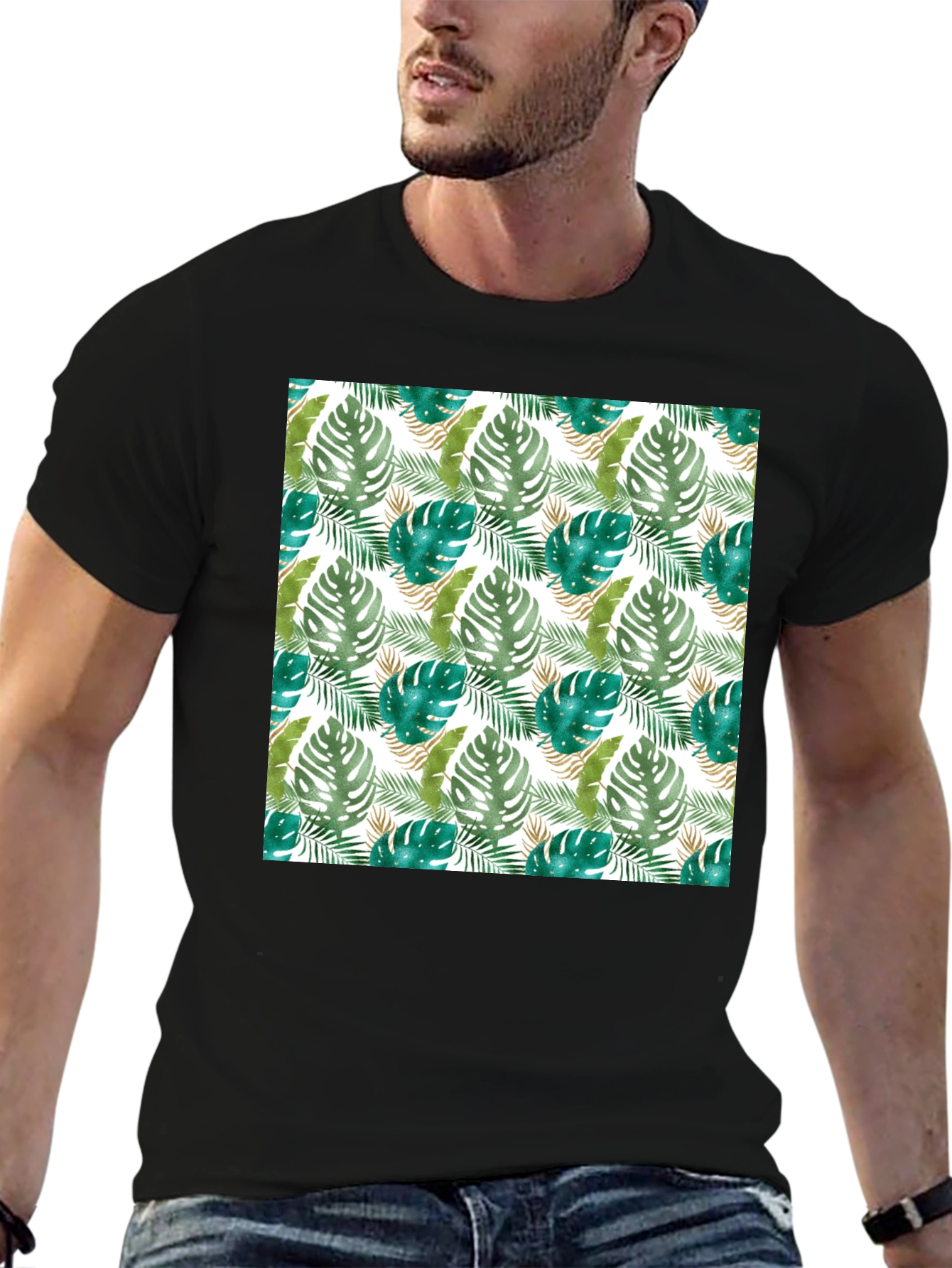 Tropical Leaf Print Black T-Shirt