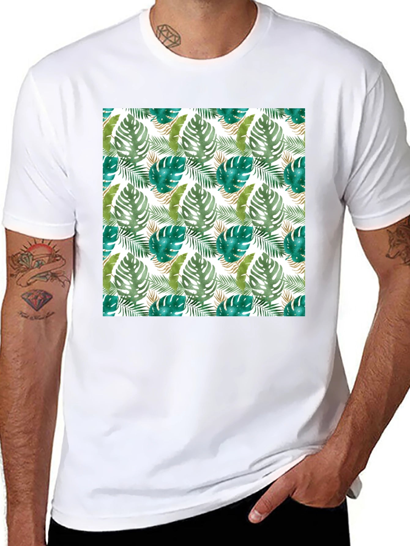 Tropical Leaf Print Black T-Shirt